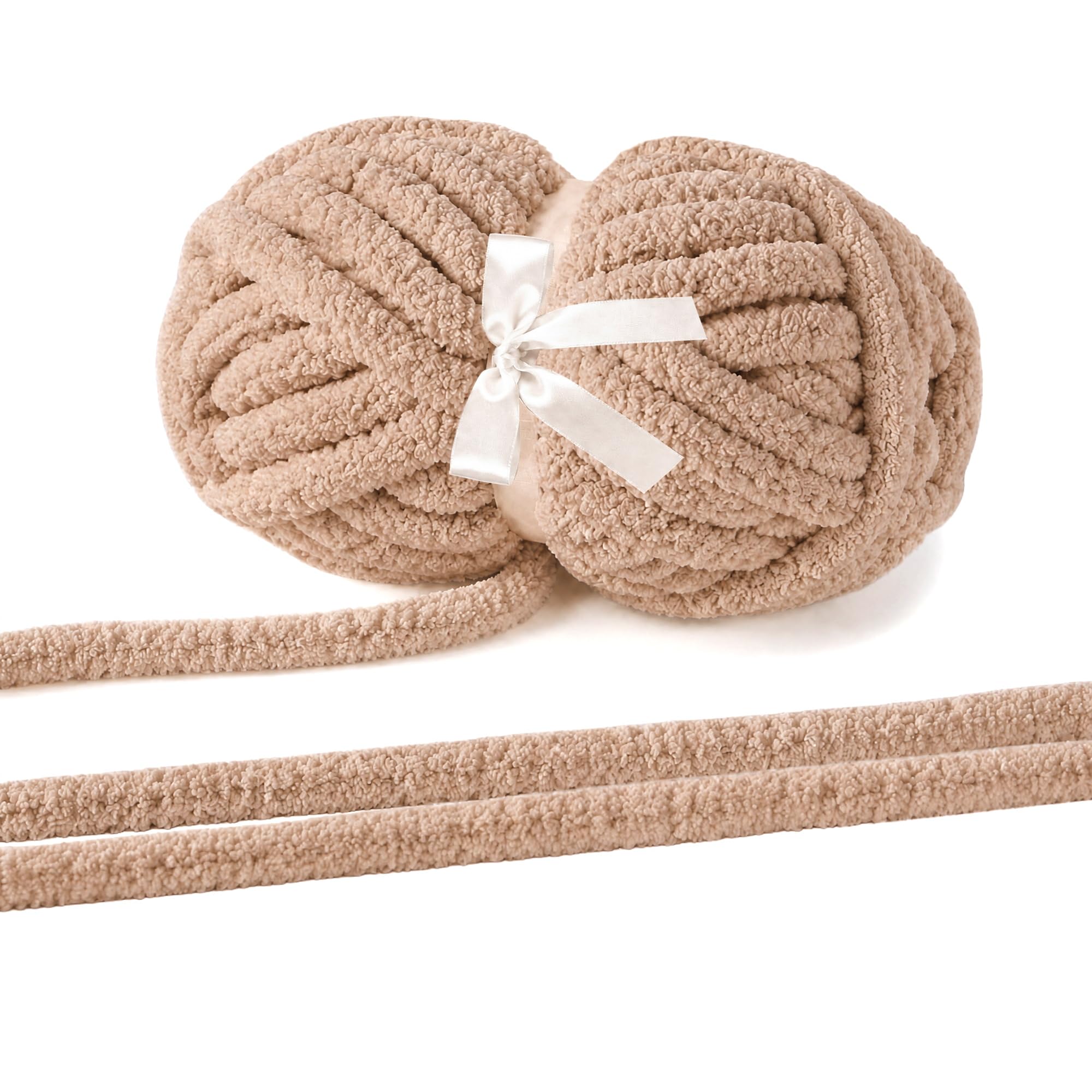 Chunky Chenille Yarn, Super Soft Fluffy Jumbo, 226g Skein, 24m Length, 2cm Diameter, for Hand Knitting and Crocheting, Blankets, Home Decor (1, Light Coffee -1)