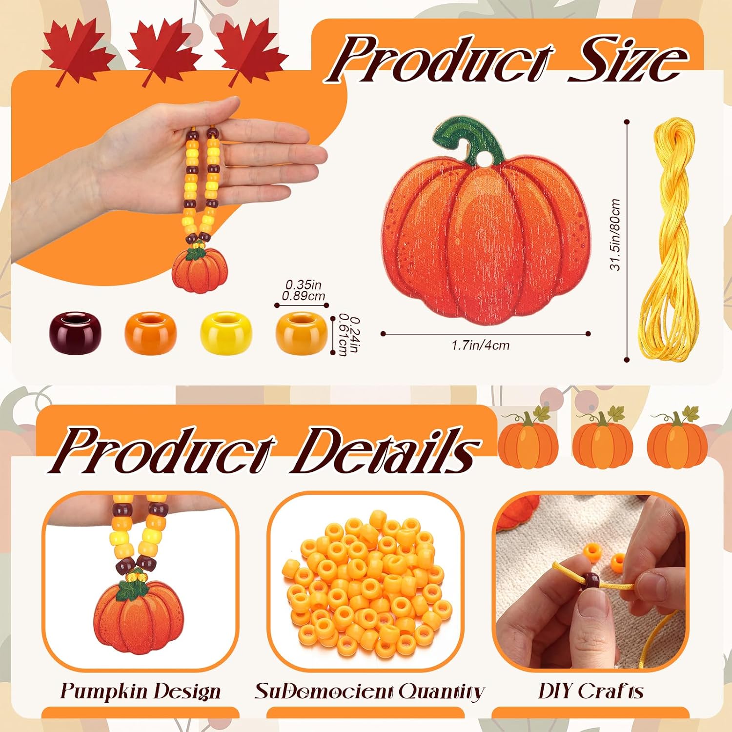 Huquary 24 Sets Fall Pumpkin Beaded Necklace Craft Kits