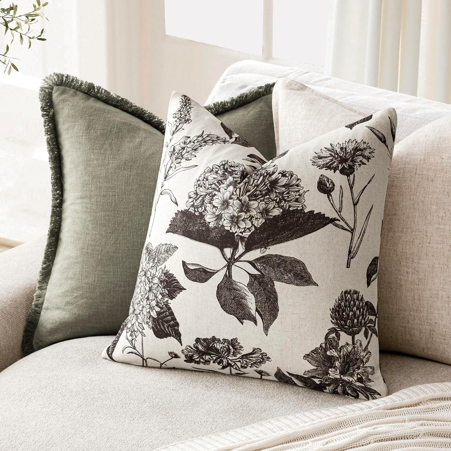 Foindtower Set of 2 Linen Floral Vintage Throw Pillow Covers Neutral Accent Print Decorative Cushion Covers Farmhouse Boho Home Decor for Sofa Chair Couch Bedroom Living Room,22×22 Inch,Black - Image 4