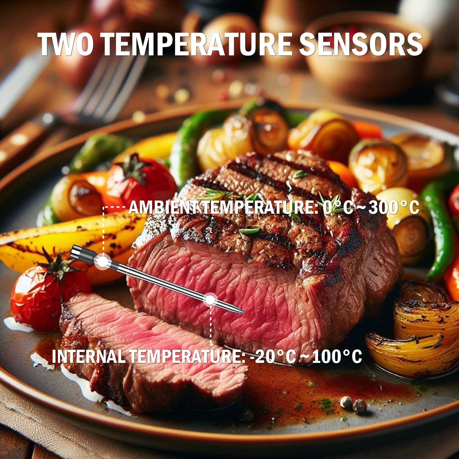 ANTELA Fleischthermometer Kabellos 200M Bluetooth 5.3 mit LCD Anzeige, Alarmfunktion, Digitales Backthermometer Meat Thermometer, für Ofen, BBQ, Grill, Raucher via APP