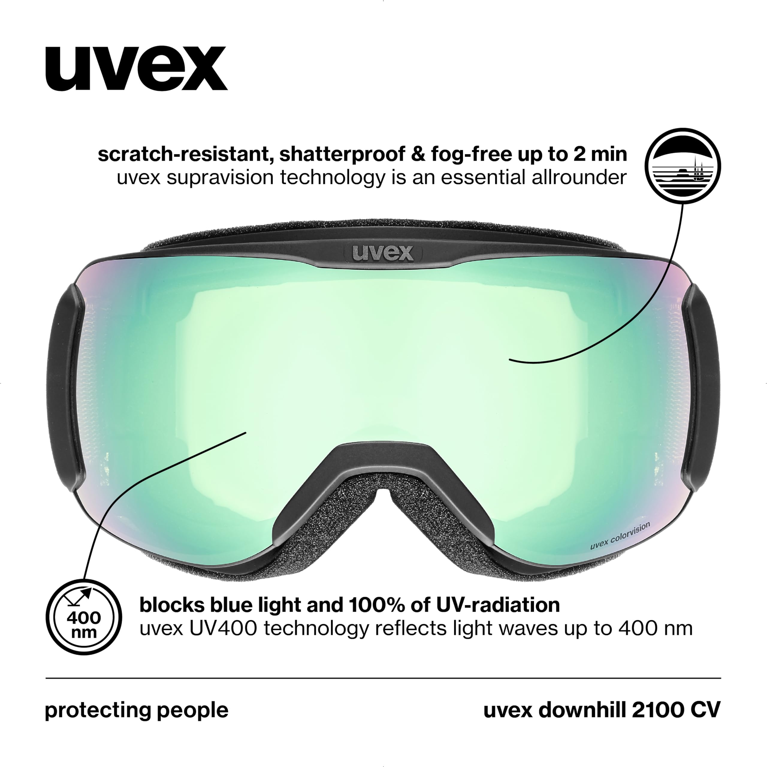 Uvex downhill 2100 CV - kontrastverstärkende Skibrille mit schmalem Rahmen und extra weitem Sichtfeld für Damen und Herren
