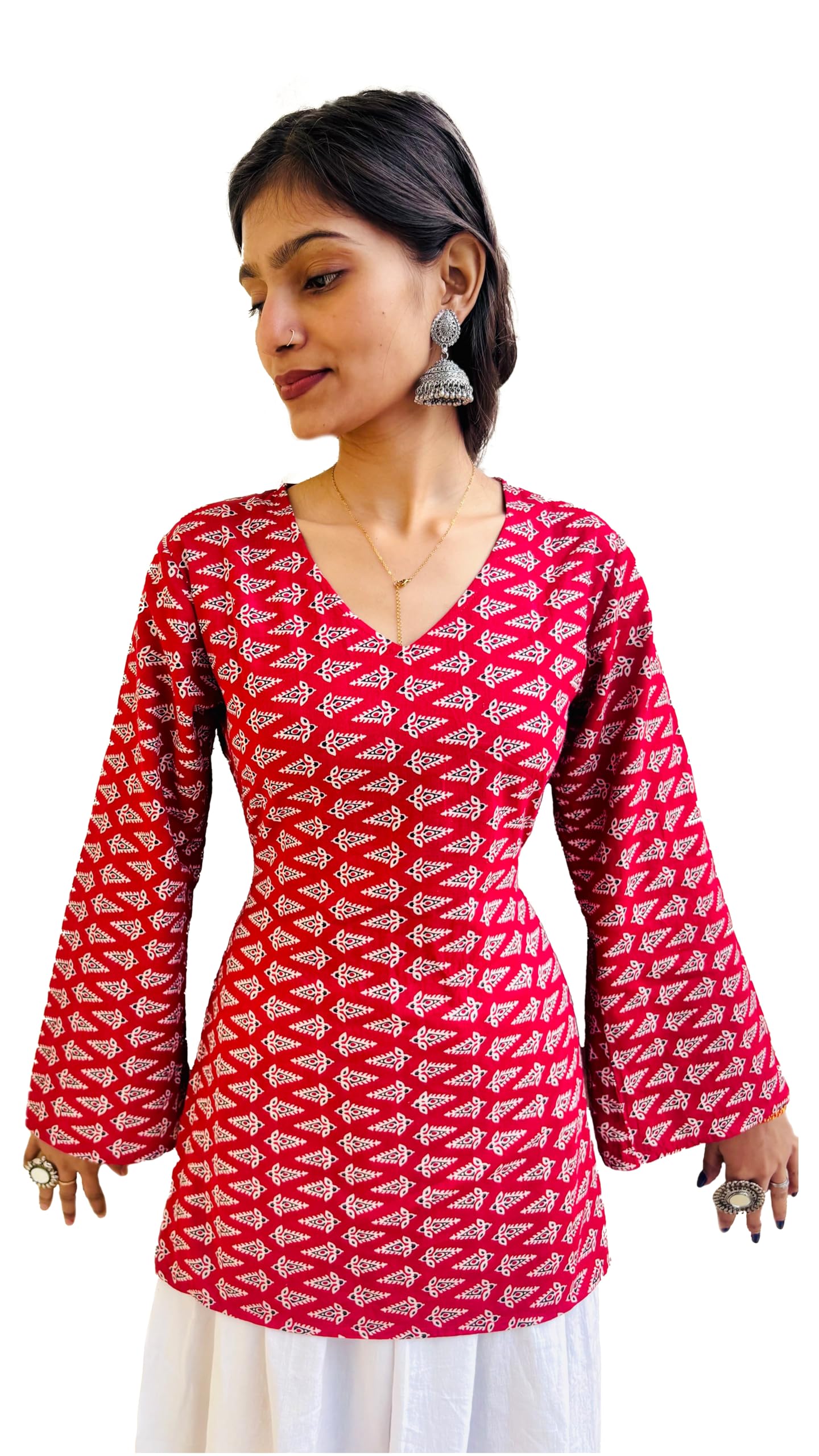 Women’s Pure Cotton Short Kurti | Indo Western Printed Kurti Top | V Neck Full Sleeves | Adjustable Back Tie-Up | Casual & Office Wear Kurta for Jeans, Trousers & Leggings