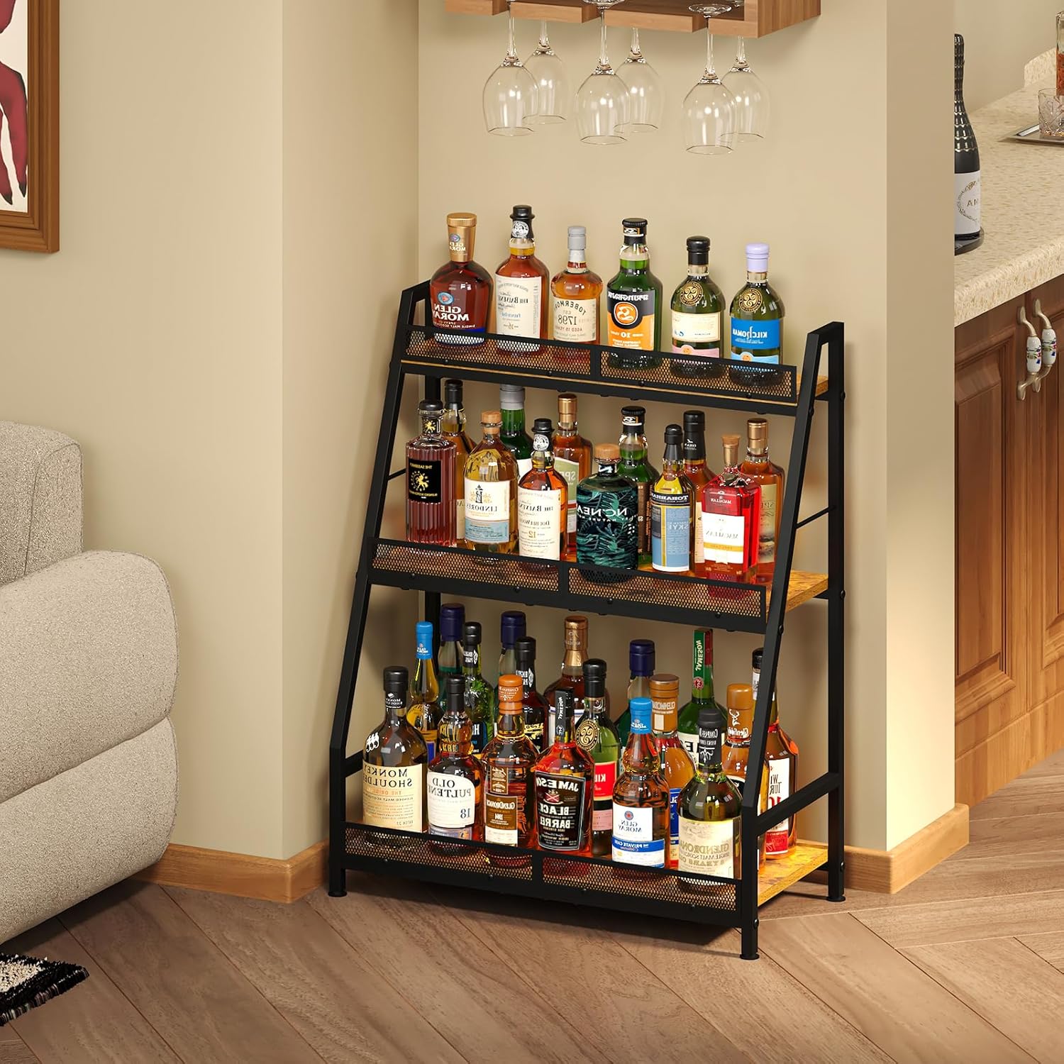 3-Tier (Safe Height for Kids & Pets) Expanded Liquor Stand, Trapezoid Wine Rack Freestanding Floor, Large-Capacity Bar Stand for Liquor Whiskey Wine Storage, Vintage Liquor Cabinet Bar for Home