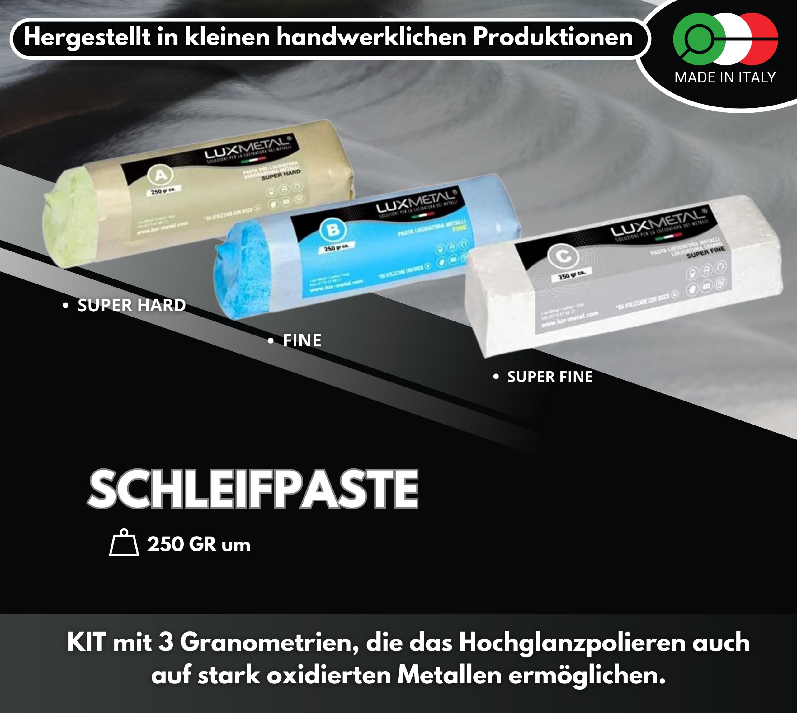 3 polierpaste 250 g - 3 Polierscheibe 100 mm, Polierset set DIY kit Schleifpaste Metall, Aluminium, für Bohrmaschine, Edelstahl, Messing, Kupfer, Holz, Kunststoff, schleifmaschinen, messer