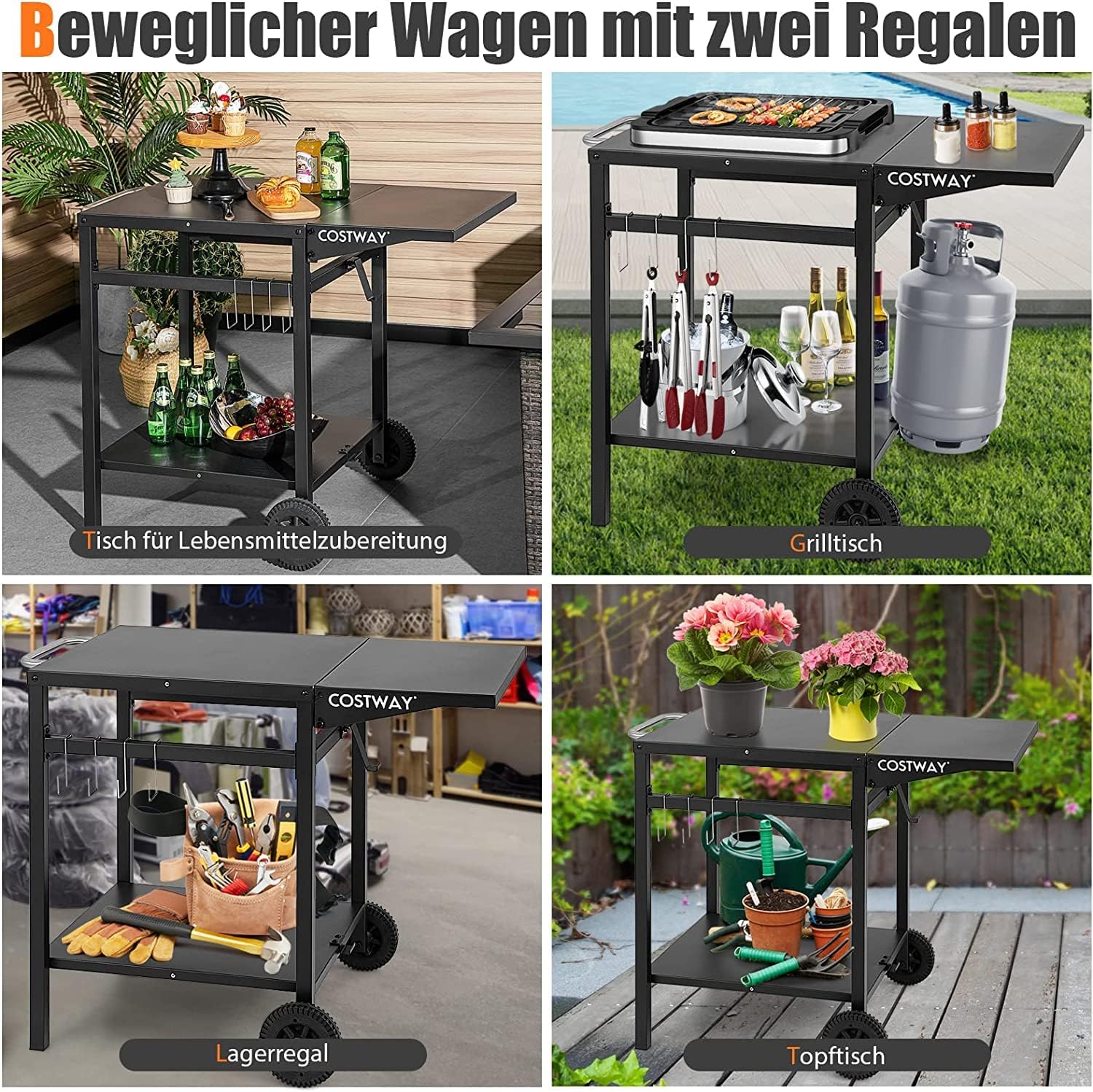Diagram showing the dimensions and weight capacities of the grill cart