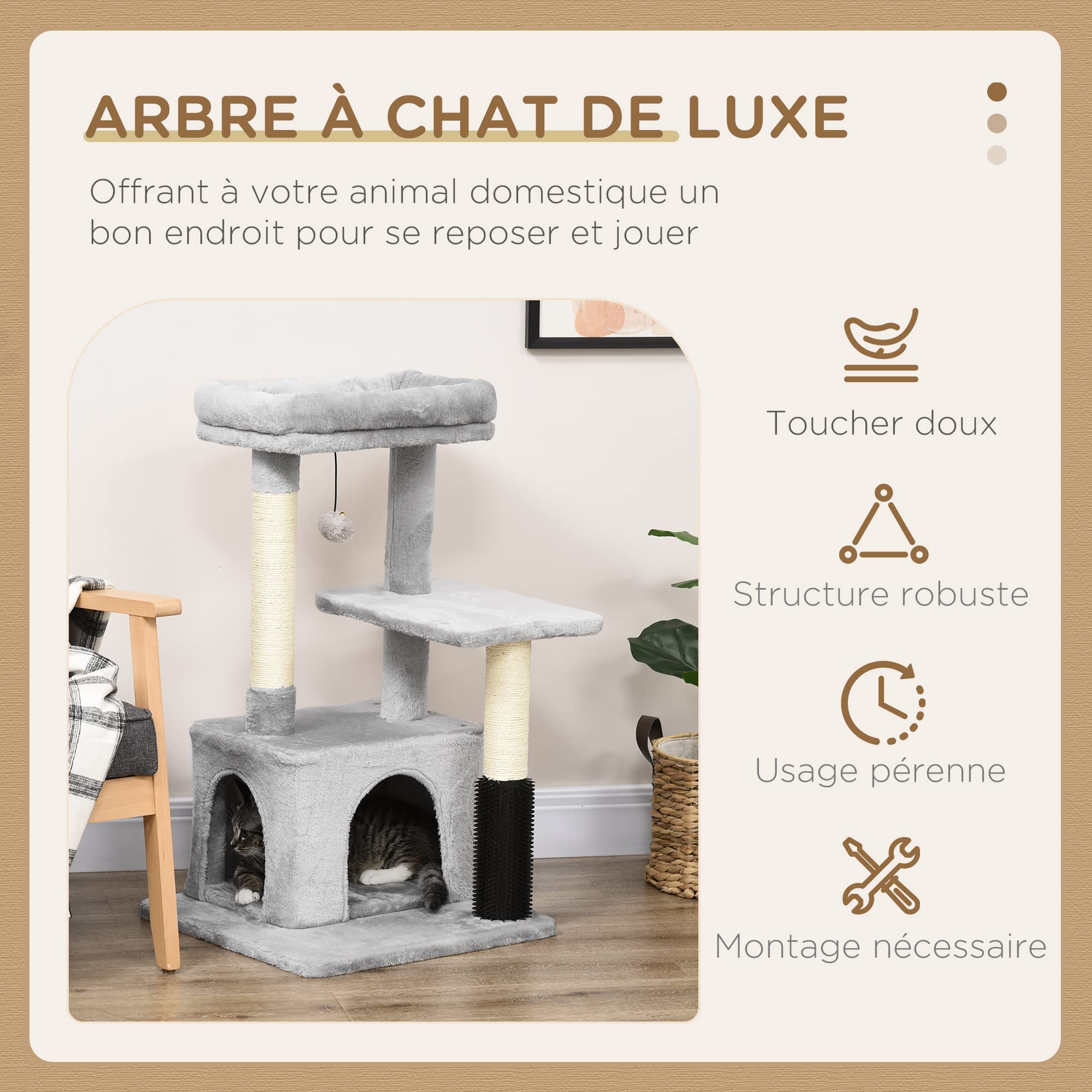 PawHut Arbre à Chat Arbre à Grimper griffoir Massage pour Chat Centre d'activités avec Niche et Plates-Formes Hauteur 85 cm Gris Clair | pour Chat, Centre d'Activités, avec Niche et Plates-Formes
