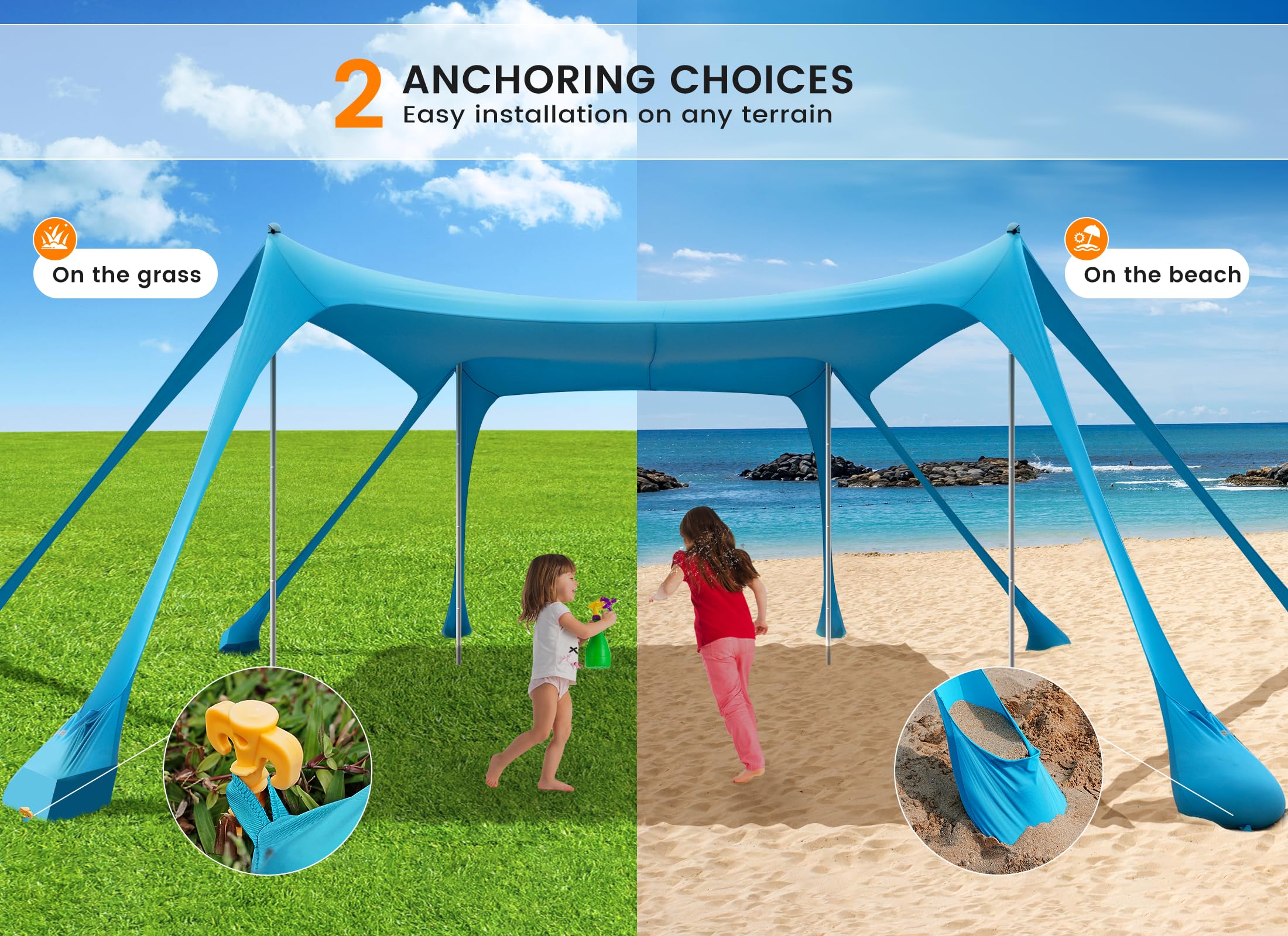 Tenda da Spiaggia Portatile Tents, Grande Tenda Mare Spiaggia UPF50+ Tenda Della Spiaggia di con 4 Pali, Pala, Picchetti e Borsa per il Trasporto per Campeggio, Pesca, 3x 3x 2M (sky blue)