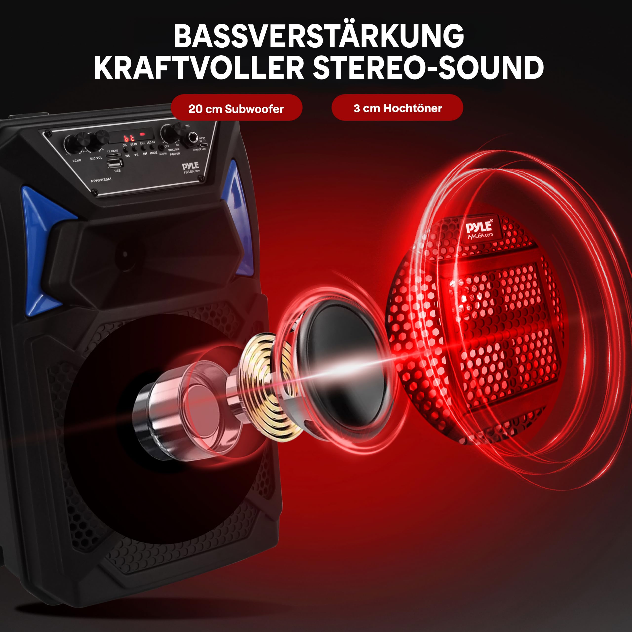 Portable Bluetooth PA Lautsprecher System – 400W Outdoor Bluetooth Lautsprecher Portable PA System mit Fernbedienung, Mikrofon, Mikrofoneingang, Partylichter, MP3/USB SD-Kartenleser, FM Radio