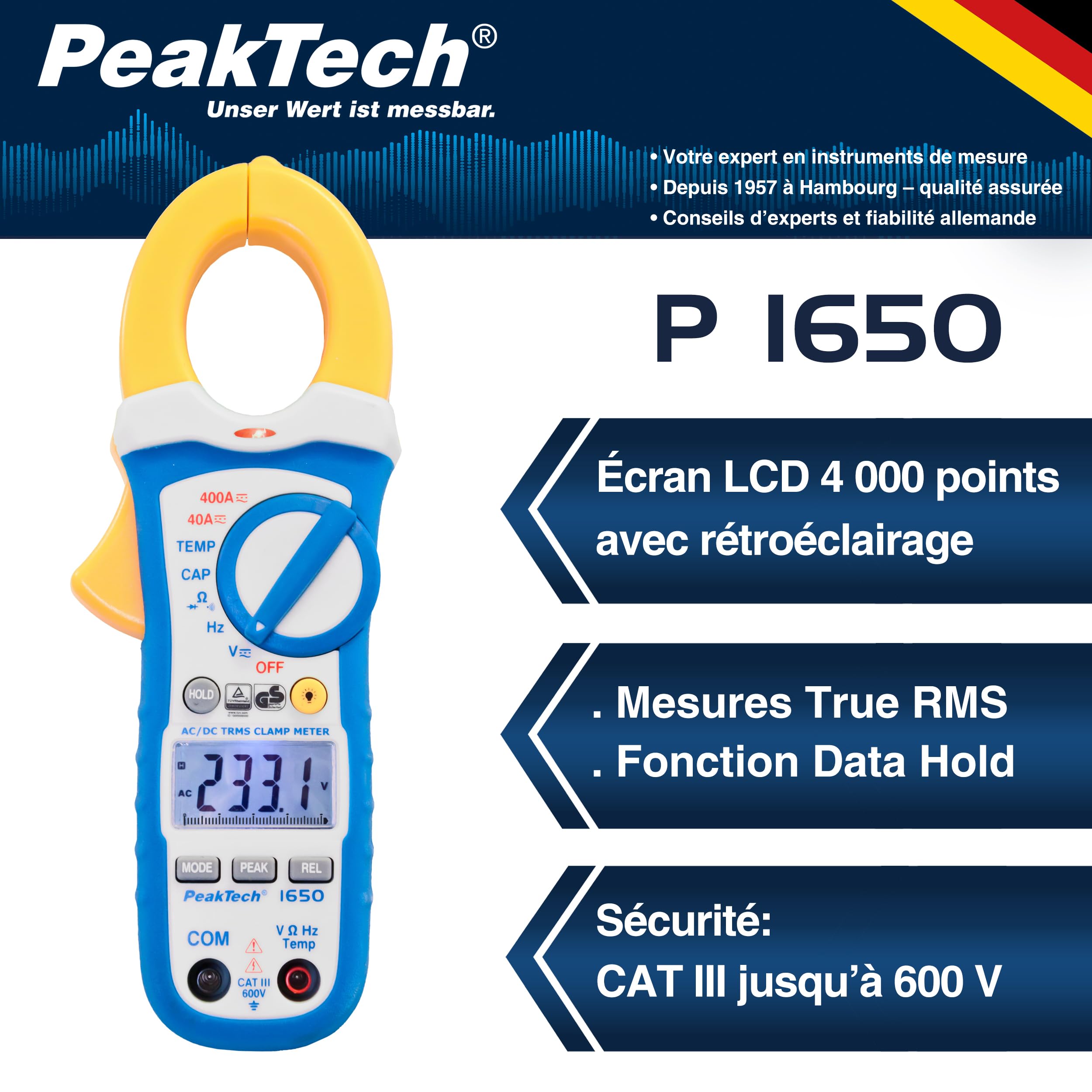 PeakTech 1650 - Pinces Ampèremétriques avec True RMS AC/DC 400A, 4000 counts, Multimètre Numérique, Voltmètre sans Contact, Ampèremètre, Testeur de Continuité - Max. 600 V