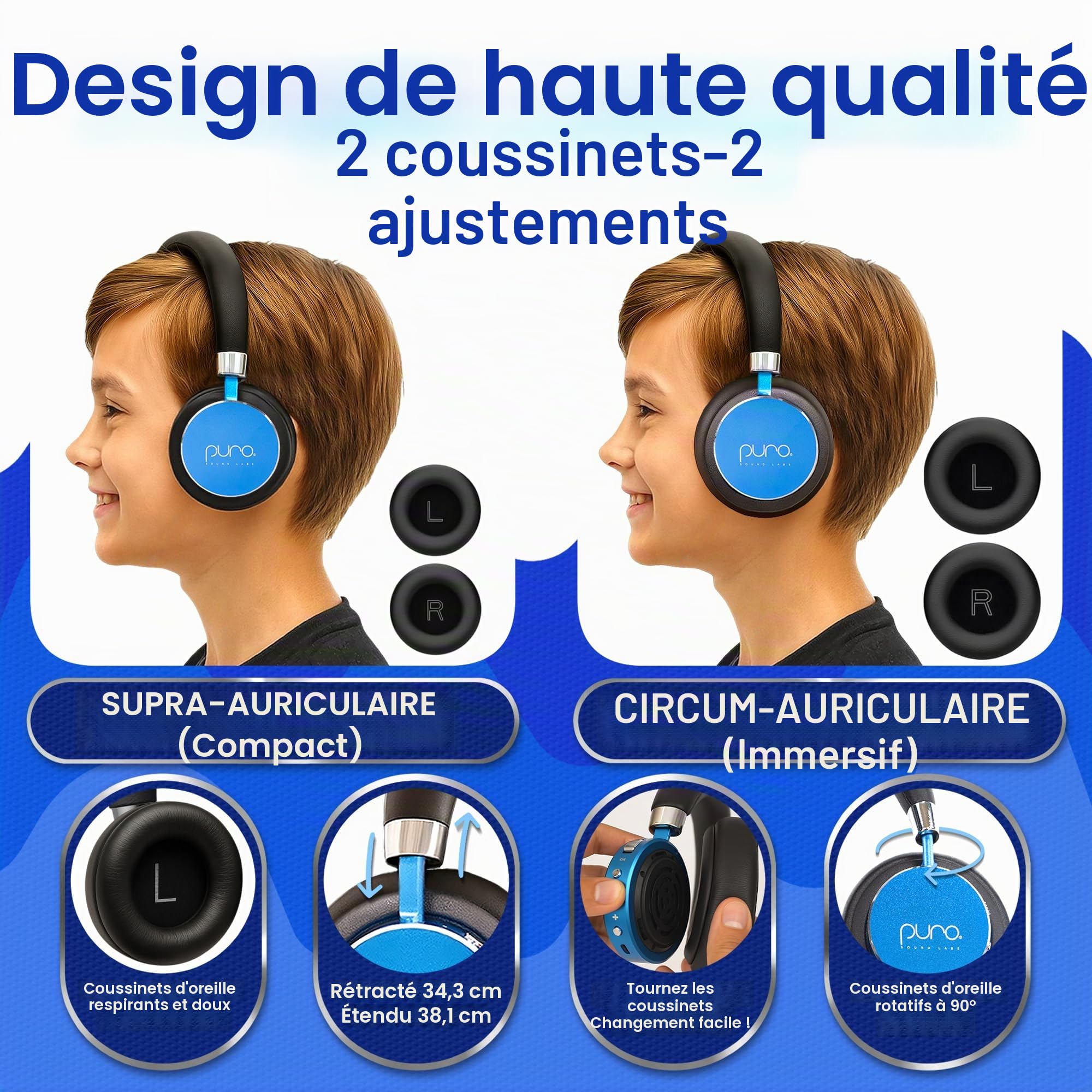 Puro Sound Labs BT2200-Plus Casque Bluetooth pour Enfants à Limitation du Volume - Casque Plus Sûr pour Enfants - Qualité Audio de Niveau Studio et Isolation du Bruit – Bleu