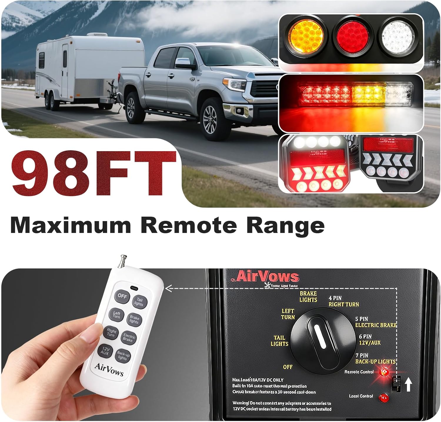 Trailer Light Tester with Remote Control Function,7-Way Flat (Spade) Pin,6-Way Round Pin,4/5-Pin Connectors Adapter,Waterproof Case,98FT Max Remote Range,Battery not Included,Must use 12V DC Battery