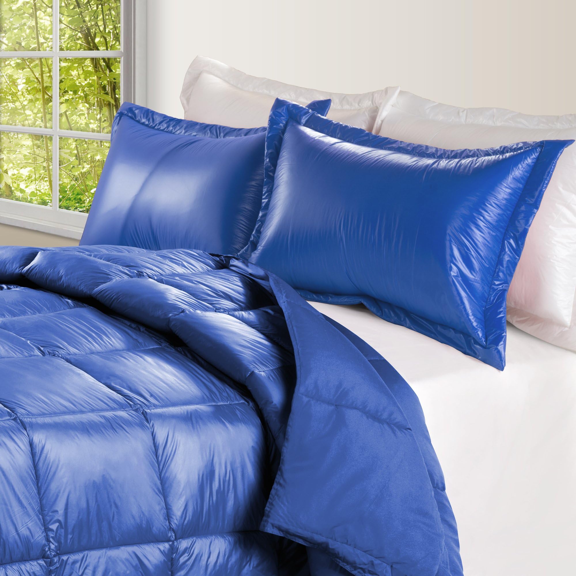 PUFF High Loft Down Indoor/Outdoor Water Resistant Comforter with Extra Strong Nylon Cover, Full/Queen, Electric Blue