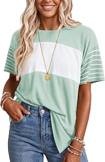 Summer Striped Tops for Women Short Sleeve T-Shirts Color Block Top | Crew Neck Oversized T-shirt Loose Tunic Top Casual Basic Tee