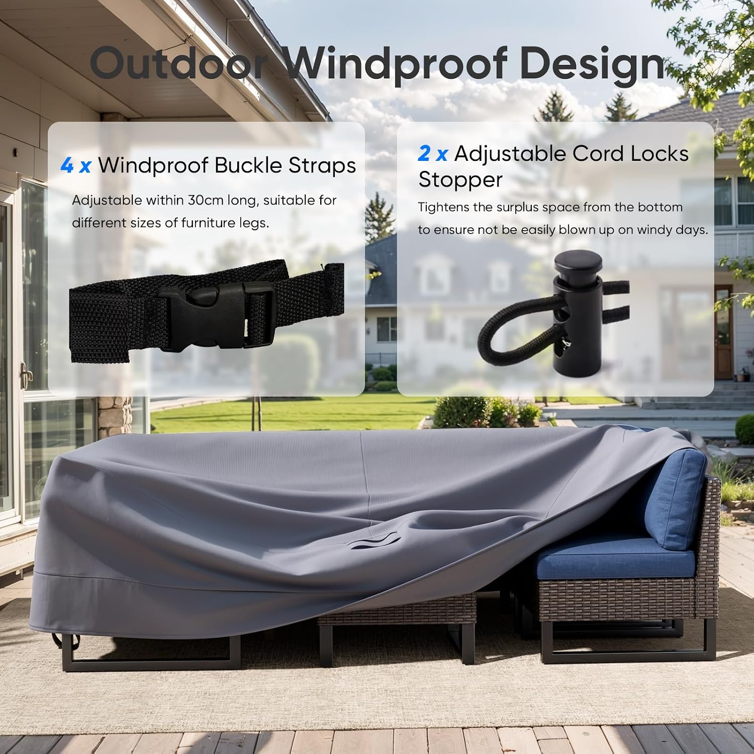 Patio Furniture Covers - Waterproof Outdoor Furniture Cover for Couch, Chairs & Table - Heavy Duty 600D, 126"L x 63"W x 28"H, Grey with Buckle Straps