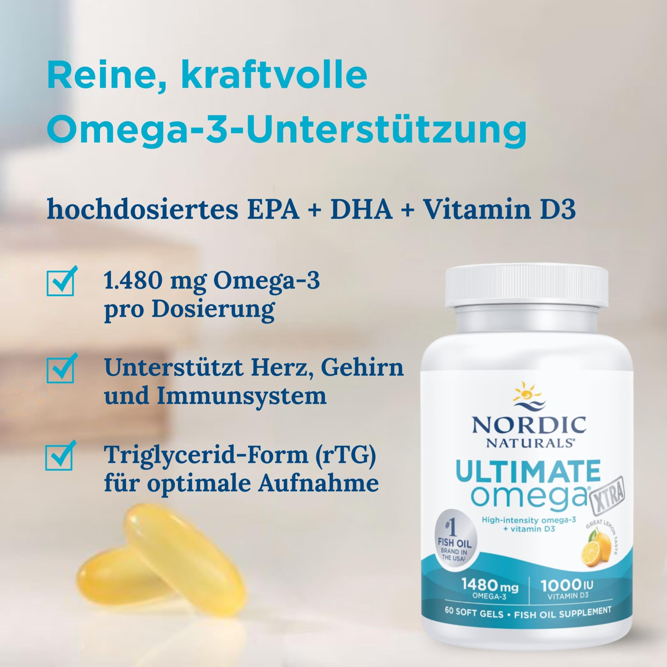 Nordic Naturals Ultimate Omega Xtra, 1480 mg, hochdosierte Omega-3-Fischölkapseln mit EPA, DHA und Vitamin D3, hochdosiert, Zitronengeschmack, 60 Weichkapseln, sojafrei, glutenfrei, ohne Gentechnik