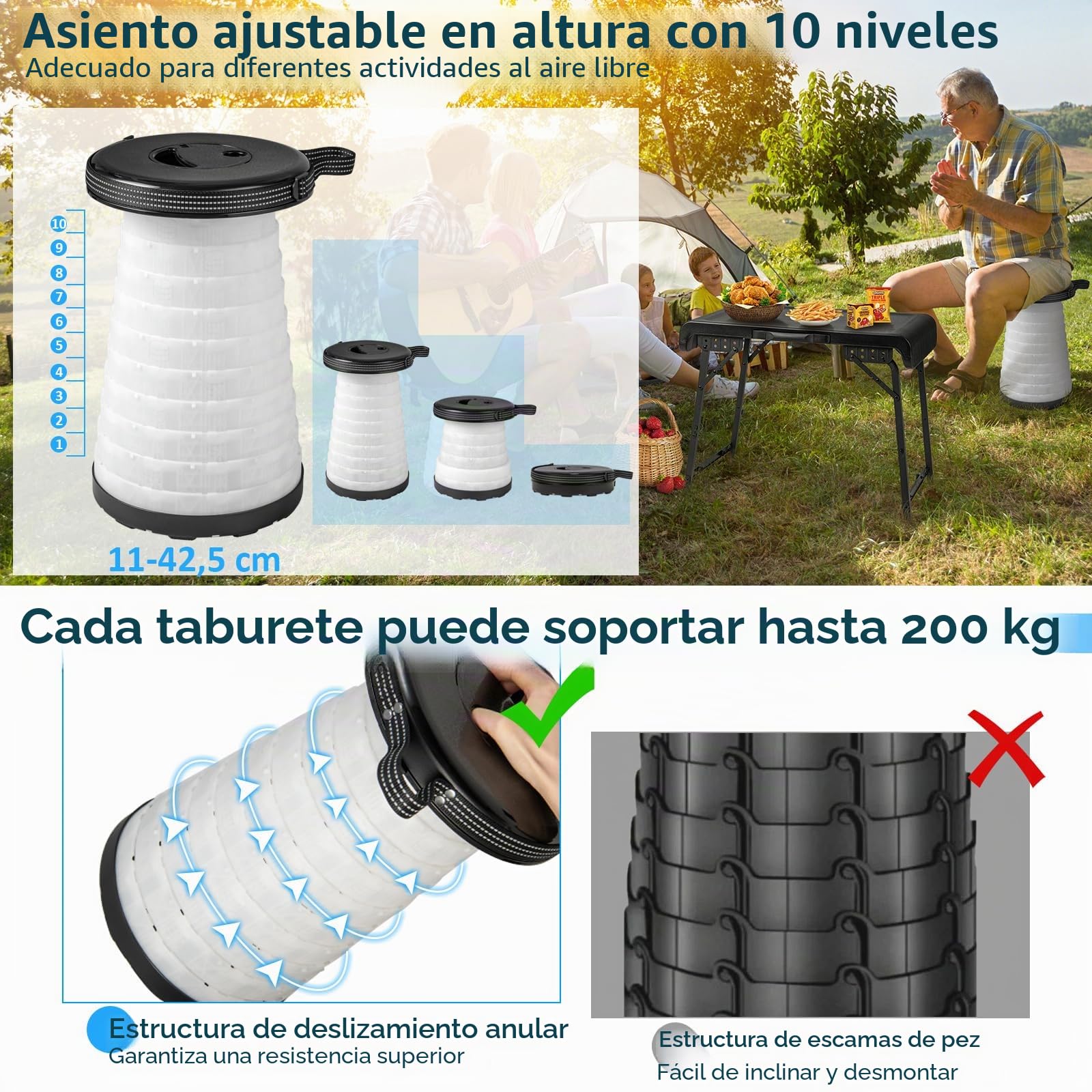 GOPLUS Mesa de camping con 2 taburetes retráctiles LED, juego de 3 piezas para playa, jardín, mesa plegable portátil y 2 sillas ligeras para picnic, barbacoa, pesca
