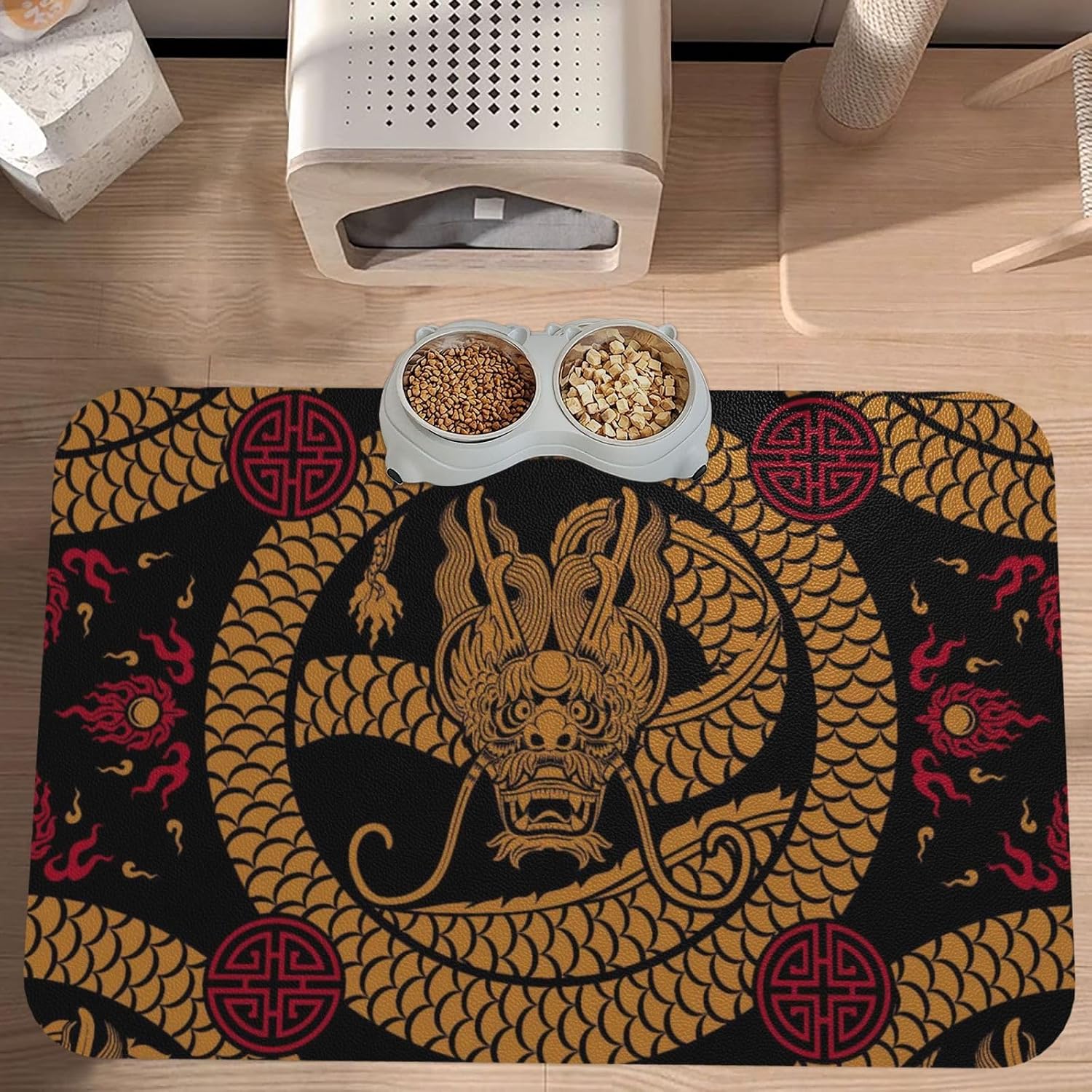 Cool Dragon Pattern Leather Absorbent Pet Feeding Mat Non-Slip for Dogs Cats 40x60cm