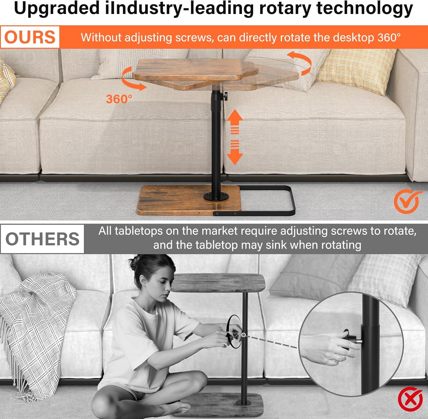 Tv Trays Set of 2 for Couch - 360°Swivel Height Adjustable, Larger Metal and Wooden Base to Prevent Slipping?TV Tray C Shaped End Table Food Snack Trays for Eating Sofa Bed Bathroom Standard 2 Pack Brown