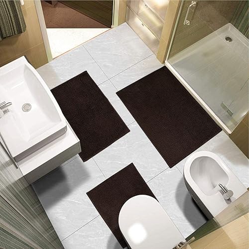 Miniatura 2 de Urvoix Juego de alfombras de baño, 3 piezas ultrasuaves antideslizantes, alfombras de baño absorbentes de felpilla para baño, bañera y ducha (marrón)