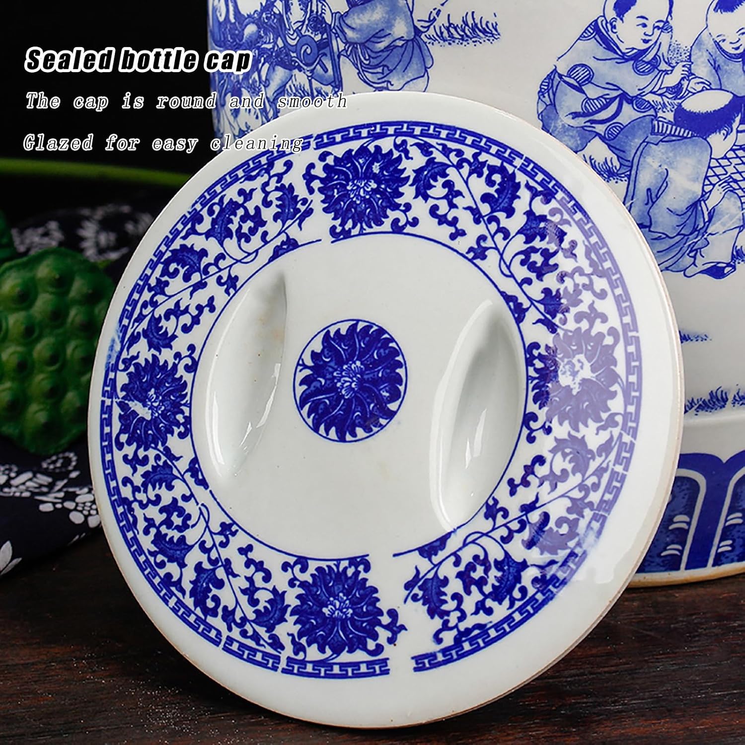 Large Ceramic Jar for Rice Ceramic Rice Dispenser Ceramic Rice Bucket with Lid Ceramic Flour Container Household Rice Barrel Blue(E,Capacity 25kg)