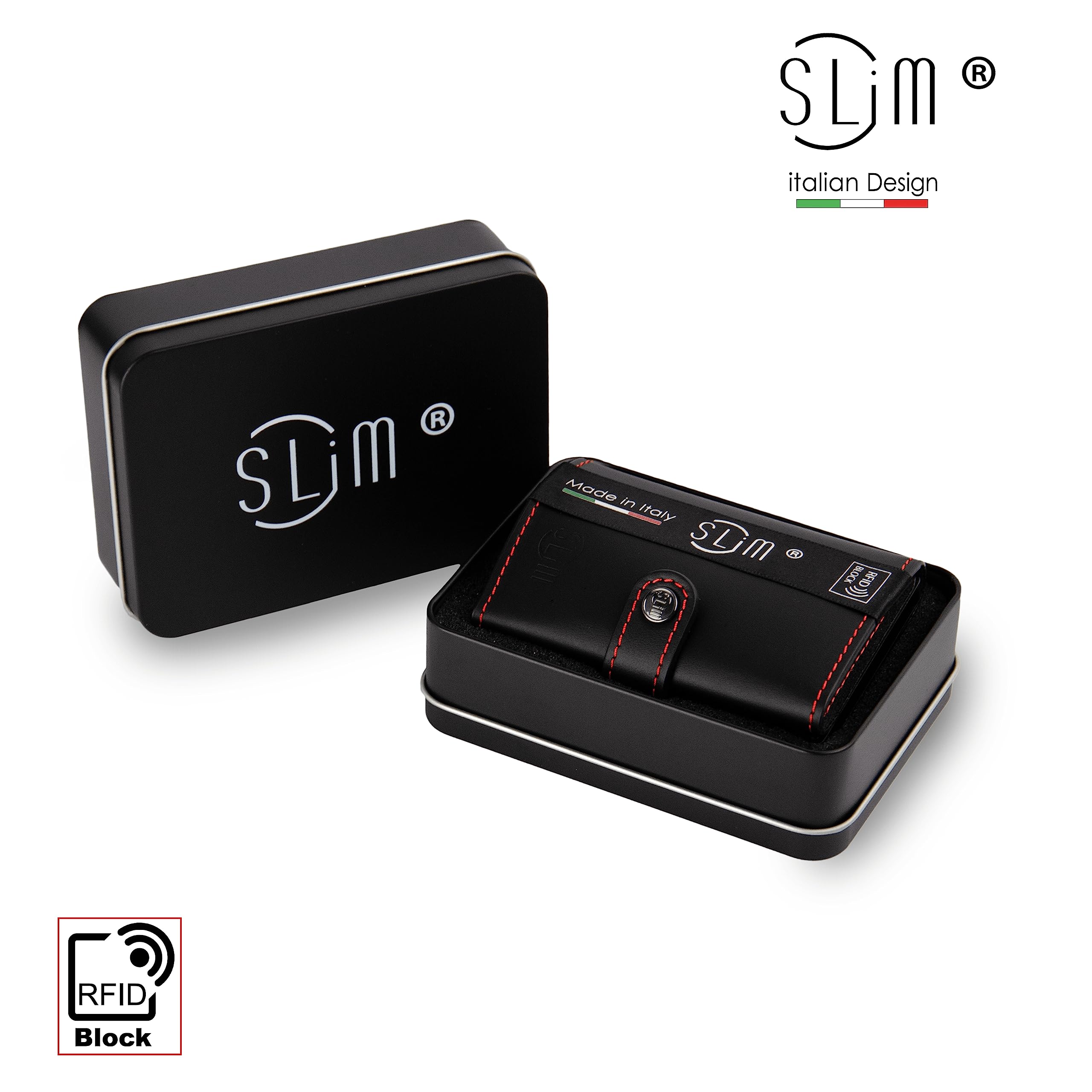 SLim Porta Carte di Credito Schermato Portafoglio Uomo Rfid Portatessere Anticlonazione Donna Portacarte Uomo (Nero e Rosso, Senza Zip)