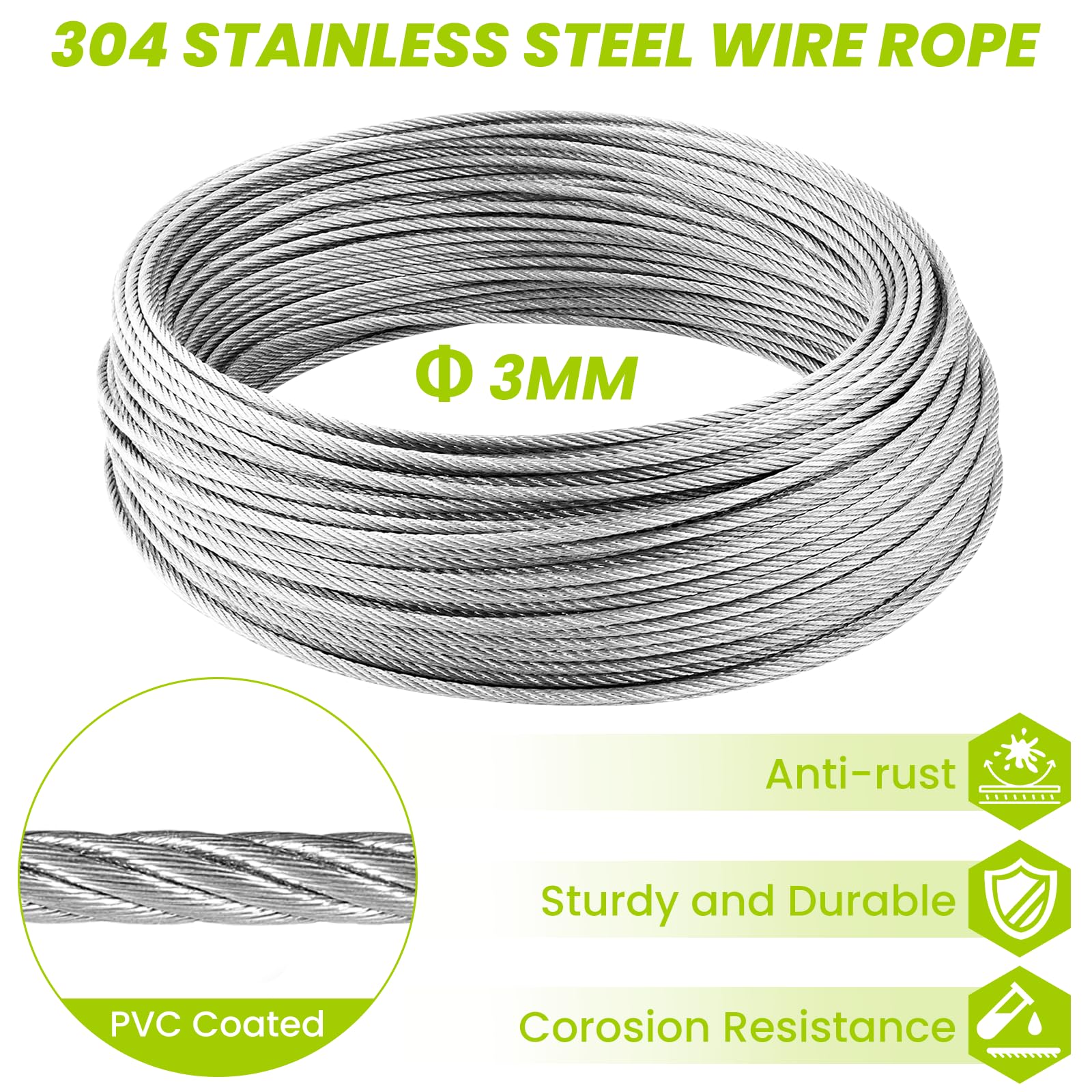 Zorplex 30M Cavo in Acciaio Inox Kit, 3mm Fune Acciaio in PVC Rivestito con Tenditore M5, Fune Metallica Resistente per Piante Rampicanti, Stendibiancheria, Illuminazione Esterna e Progetti da Giardi