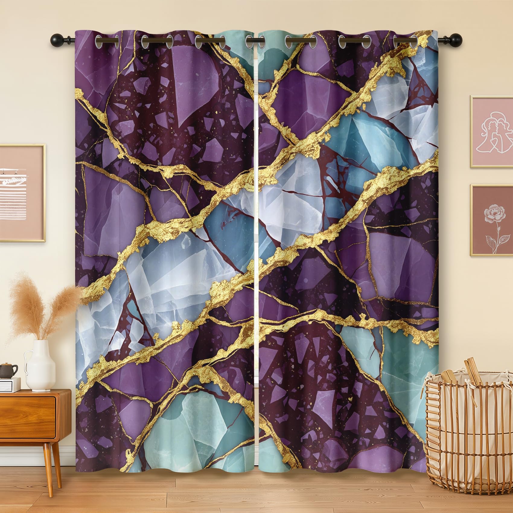 Havenix Purple and Gold Blackout Curtains for Bedroom Living Room, 54 inch Drop Curtains 46x54, Thermal Insulated Eyelet Drapes for Windows, Geode Marble Patterned Window Treatments, 2 Panels