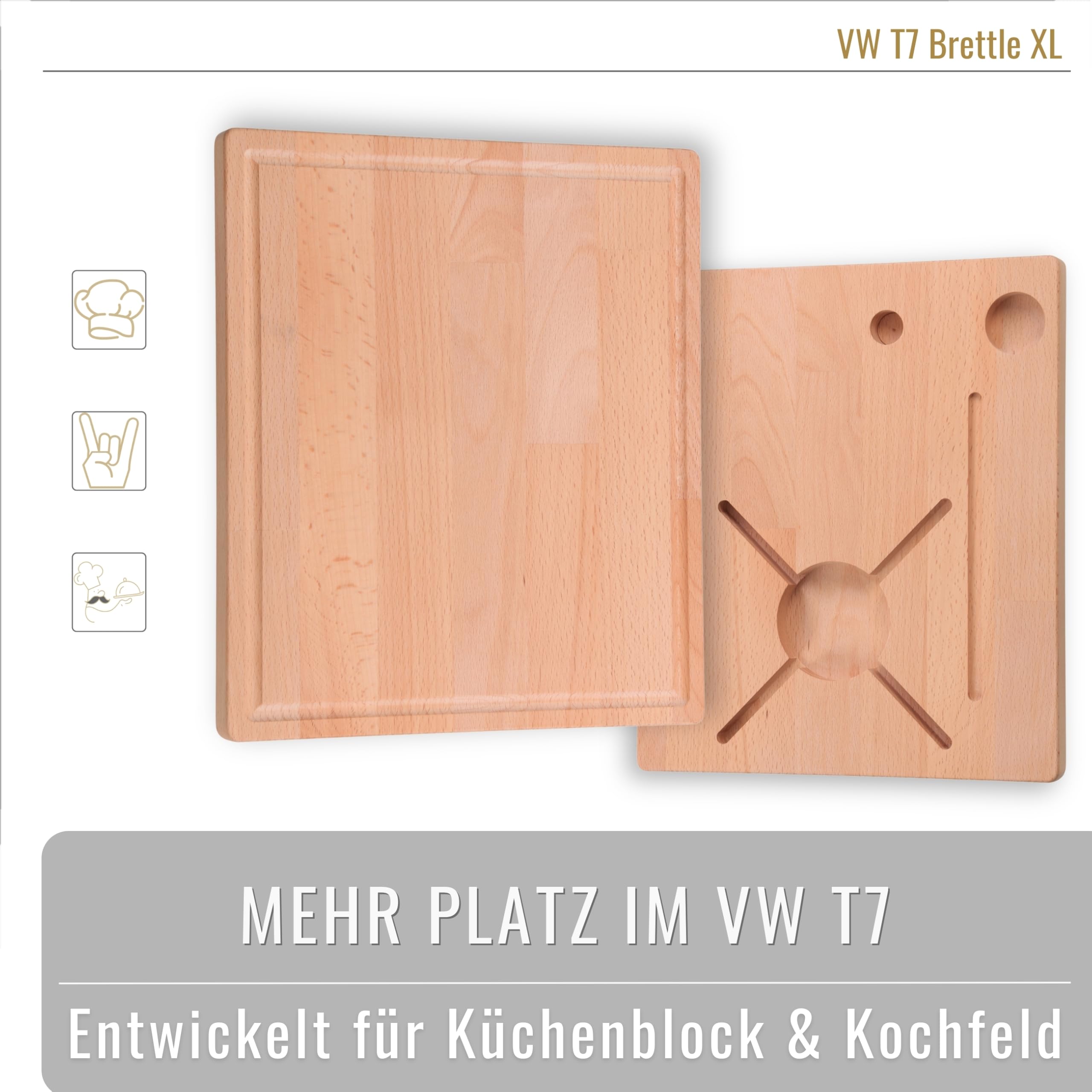 Arbeitsflächenerweiterung groß für VW T7 California – 30x26x2 cm Massivholz Buche – Passgenaue Kochfeldabdeckung & Schneidebrett für Camper Küche