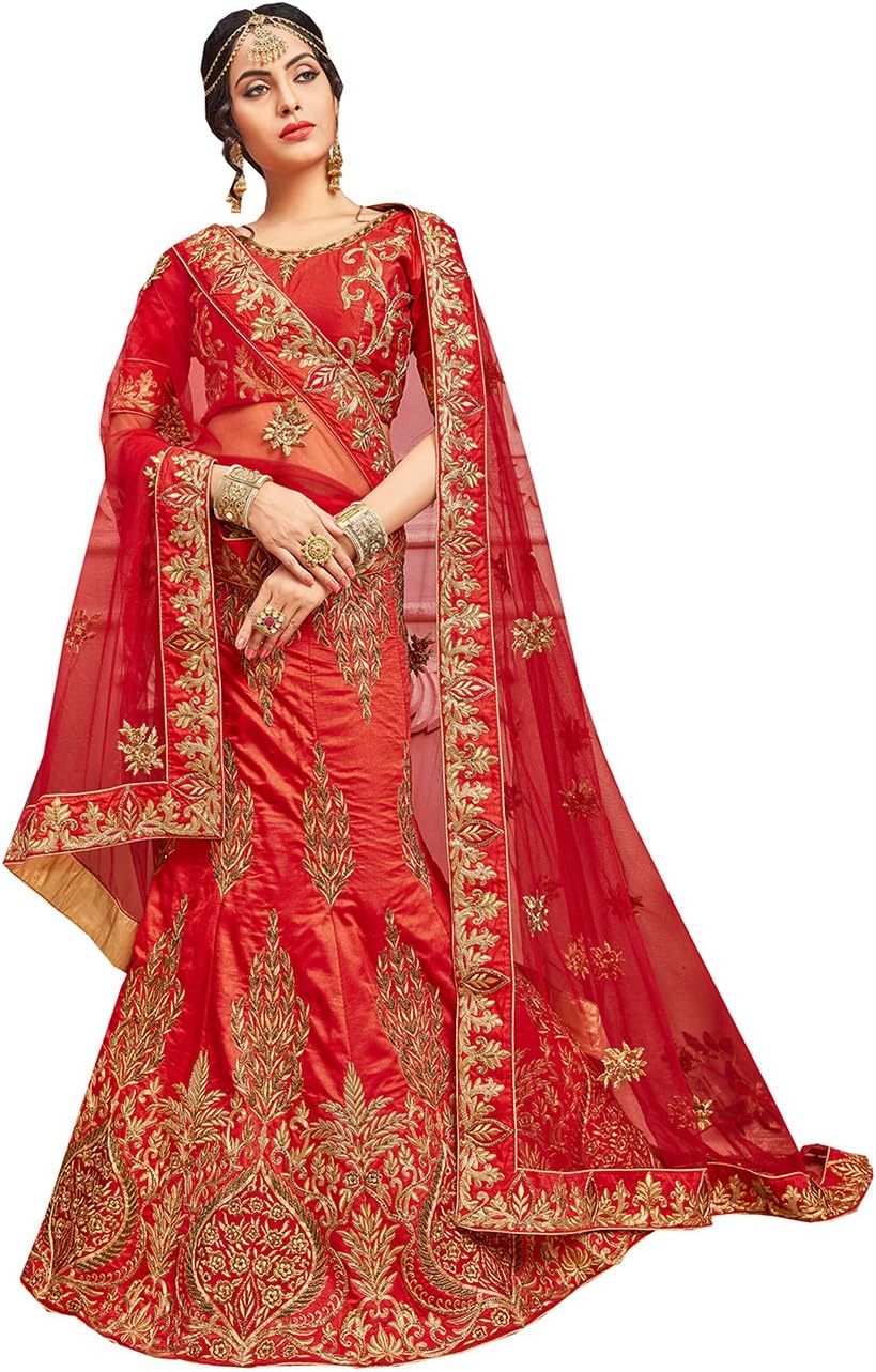 Fashions Biz Indian Designer Partywear Ethnic Traditional Red Lehenga Choli in Red Pure Silk