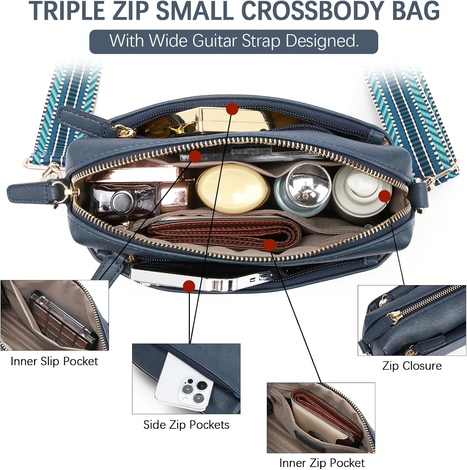 BOSTANTEN Small Crossbody Purse for Women Triple Zip Cell Phone Leather Handbag with Colored Shoulder Strap - Image 6