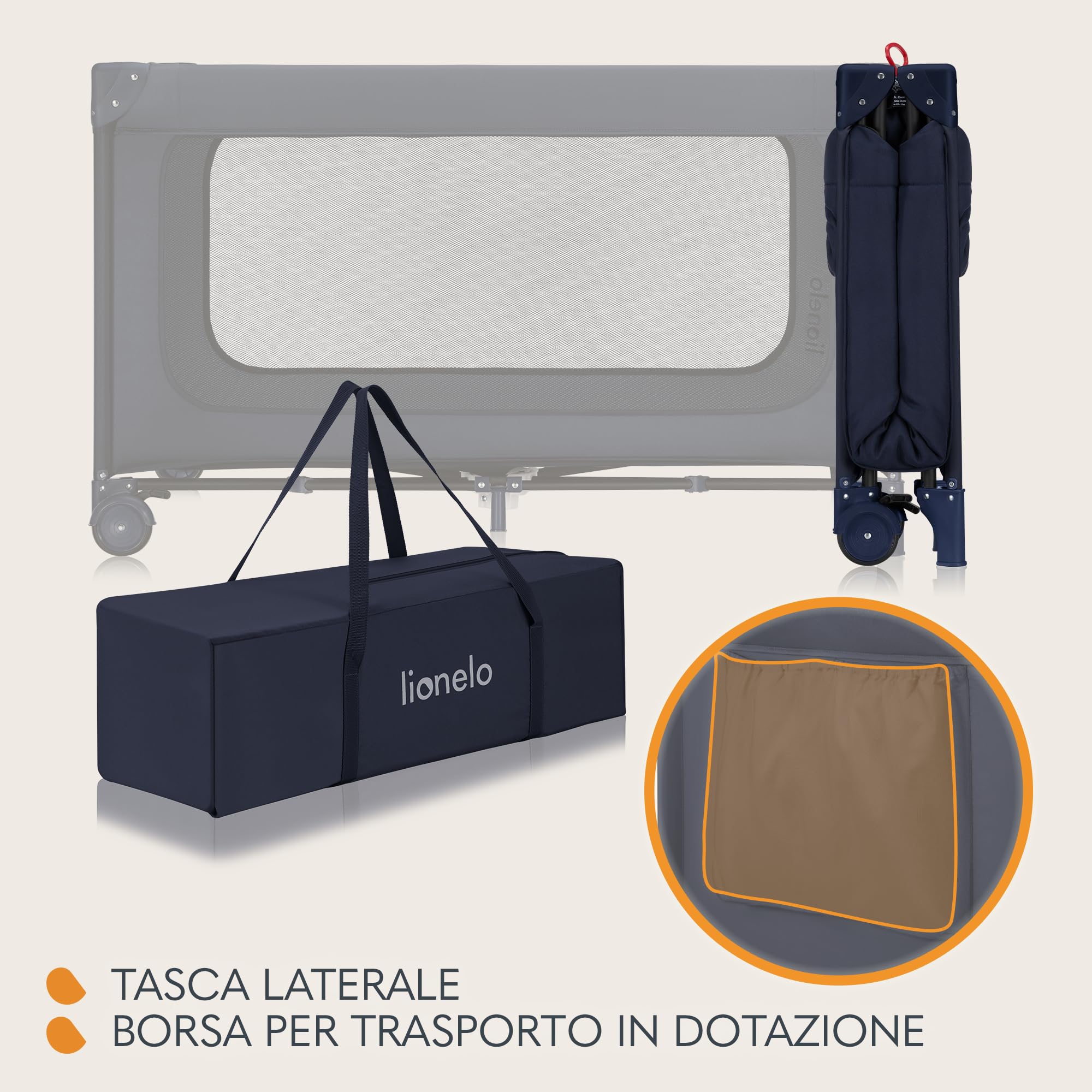 lionelo JASMIN Premium Lettino da Viaggio per Bambini 0-36 Mesi Culla Pieghevole per Neonati Fino 15kg con Materasso Innovativo in Schiuma T25, 2 Livelli di Altezza, Sistema Easy Fold e Ruote