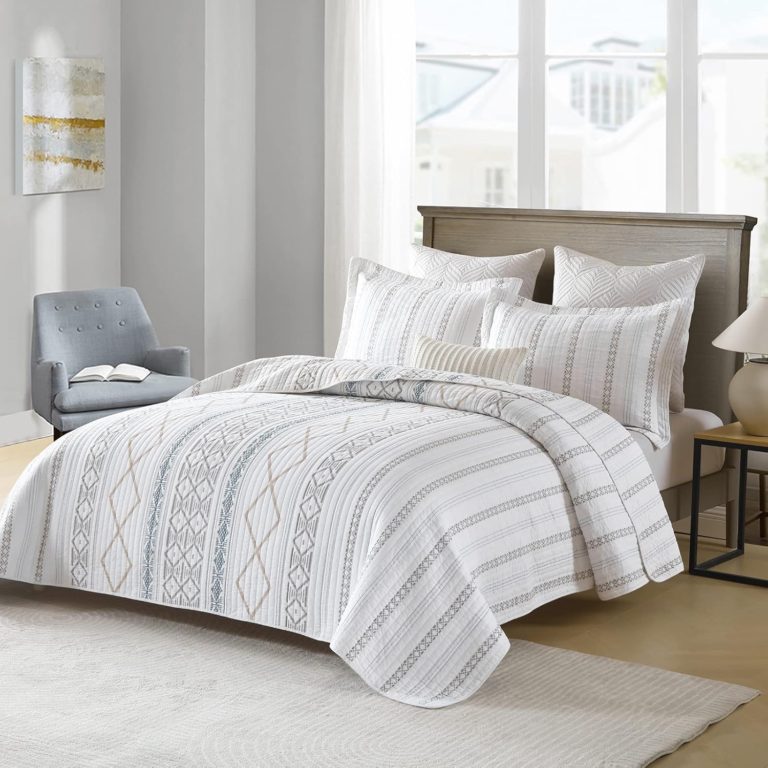 Y-PLWOMEN Geometric Quilt King Size - 100% Cotton Quilt, Striped King Quilt Sets, Lightweight Bohemian King Size Bedspreads for All Season, 3 Piece - Image 2