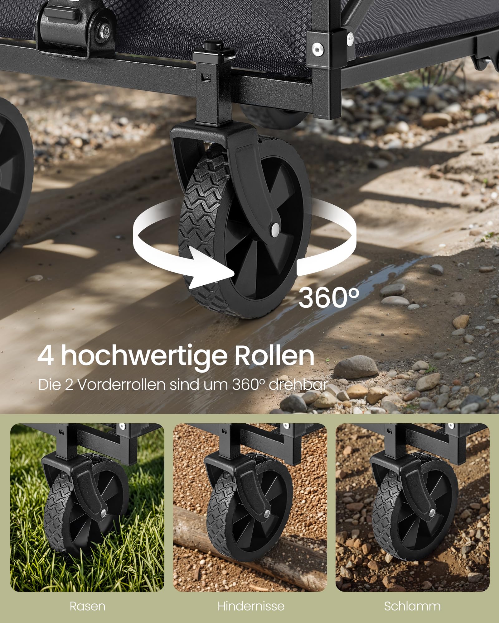 SONGMICS Kleiner Handwagen faltbar, Gartenwagen, kompakt, mit Griff, mit 4 verstärkten Rollen, Davon 2 Universalräder, bis 180 kg belastbar, Outdoor, Garten, 90 L, schiefergrau GFW909G01