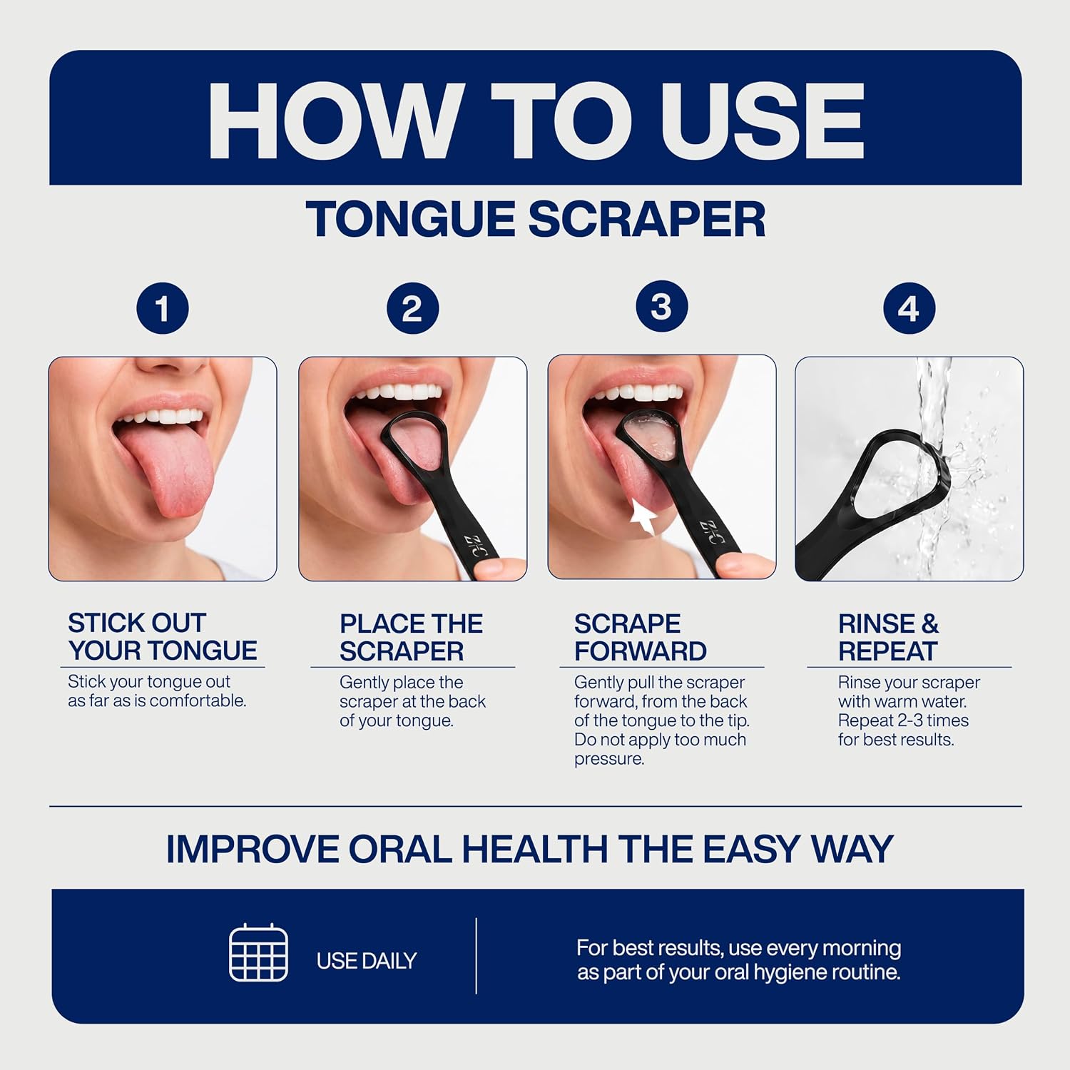 Tongue Scraper for Adults (3 Pack) with Travel Case - Black Stainless Steel Tongue Cleaner & Scrubber, 304 Surgical Grade Metal Tongue Brush, Ergonomic, Dishwasher Safe, Reduces Bad Breath, BPA Free