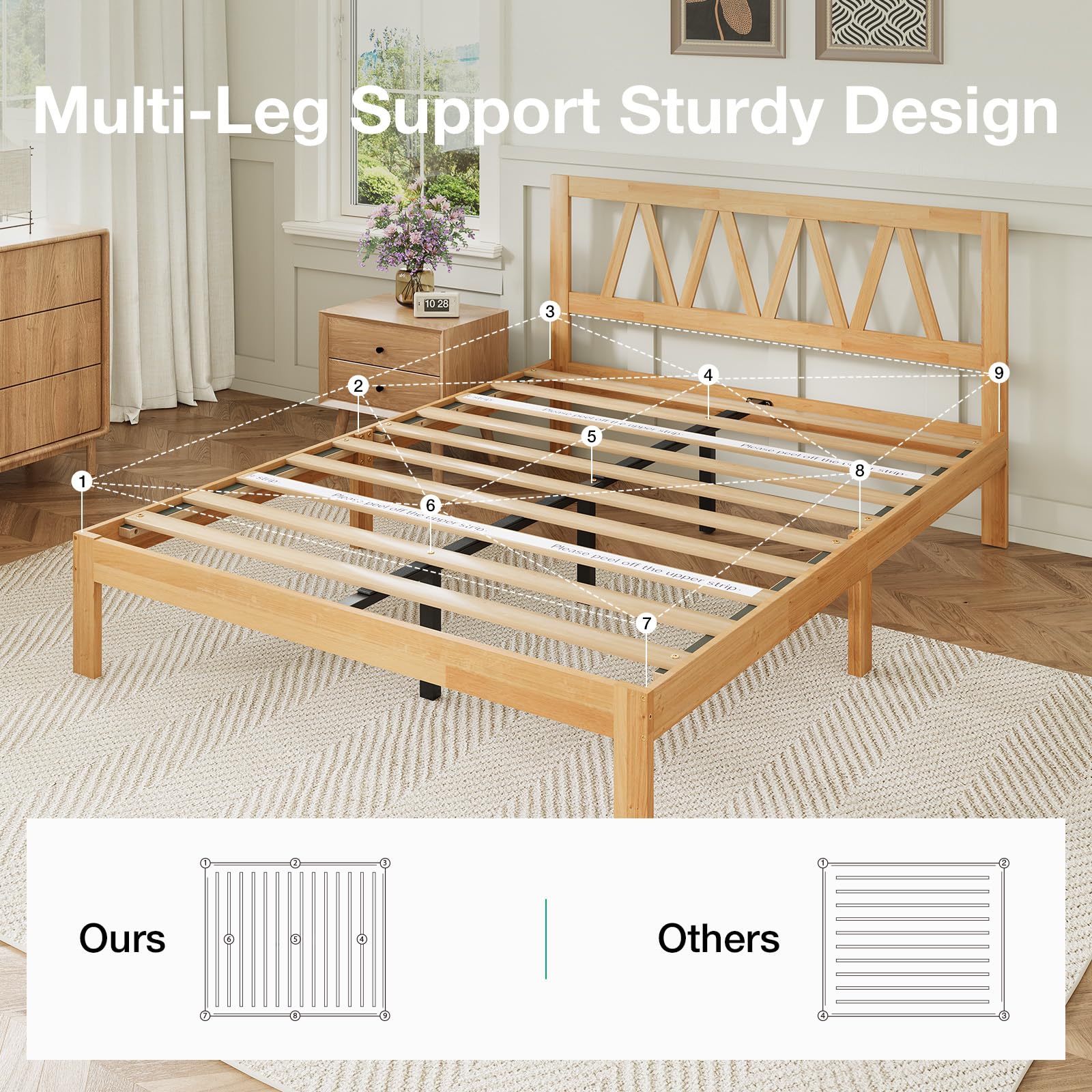 Novilla 12 Inch Queen Bed Frame with Headboard Solid Wooden Bed Frame Foundation with Wood Slat Support — product photo