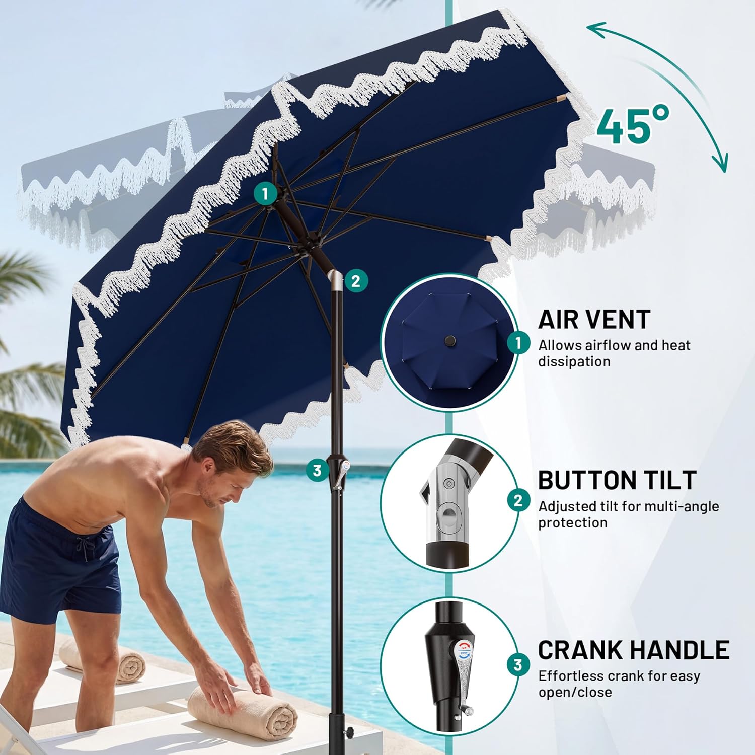 AreShark 9FT Patio Umbrella with Fringe, Wind-Resistant Fiberglass 8 Ribs Tassel Outdoor Umbrella with Crank and Push Button Tilt, Double Tier Vent Sun Shade for Pool, Deck, Backyard, Navy