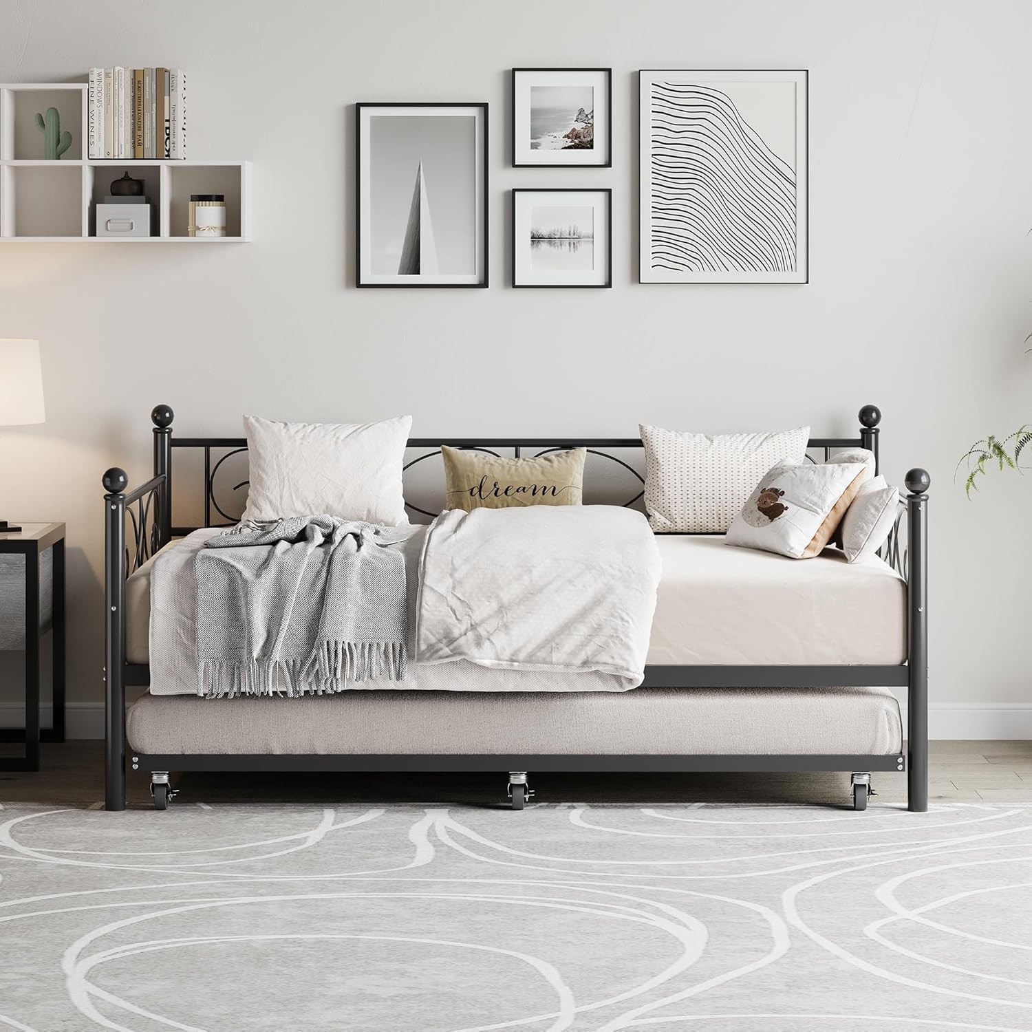 GarveeHome Daybed with Trundle Bed, Twin Size Day Bed with Floral Headboard, Metal Sofa Bed Frame with Pull-Out Trundle, Heavy Duty Steel Slats Supports, for Living Room, Guest Room, Black