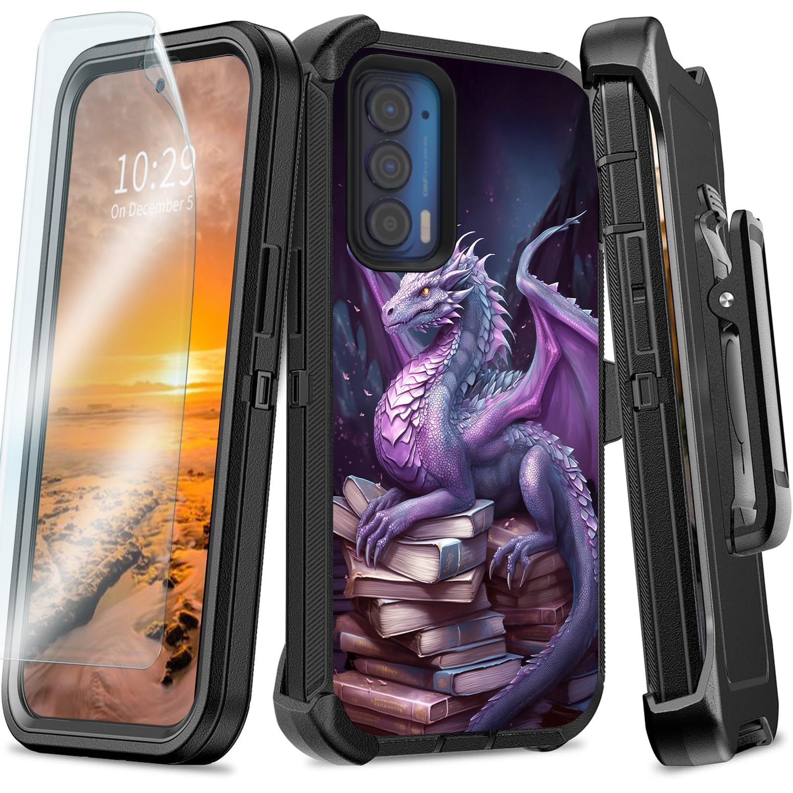 Etui do Motorola Edge 5G UW/Moto Edge 2021 etui z obrotowym klipsem do paska o 360° i podpórką, wbudowaną osłoną ekranu na cały korpus, odporne na wstrząsy, wytrzymałe etui do Moto Edge 5G UW, Purple