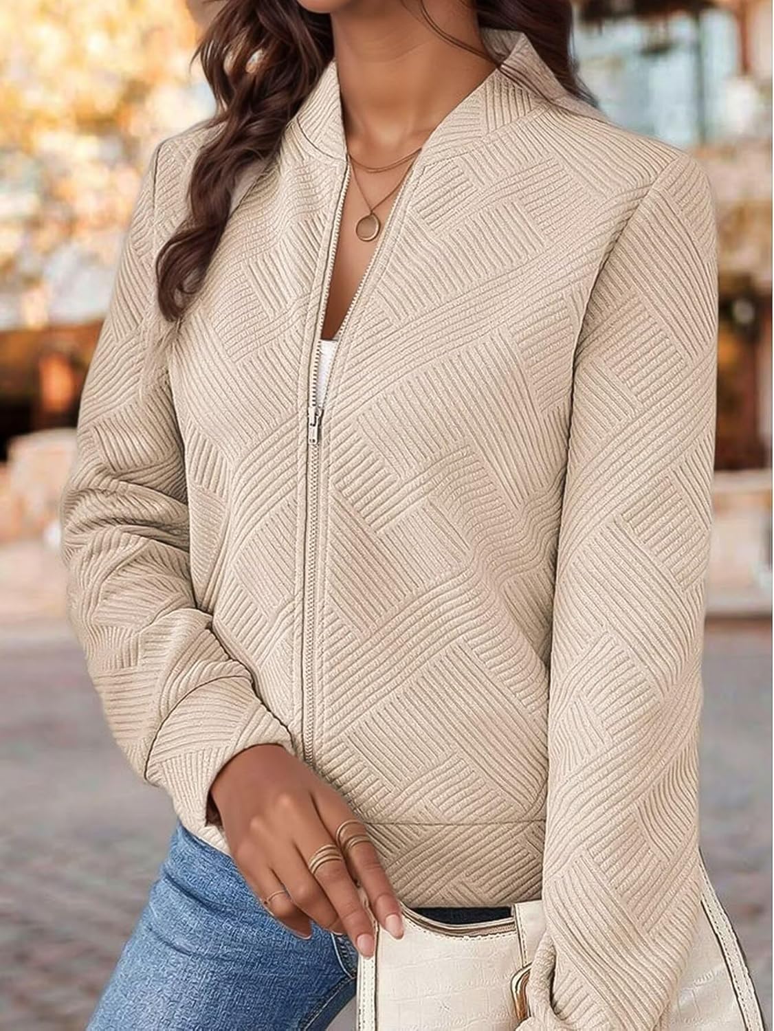 Flamingals Women's Zip Up Textured Casual Jacket Stand Collar Fall Fashion Bomber Jackets for Women 2025 with Zipper - Image 4