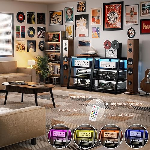 Vista 48 de Armocity Soporte multimedia AV de 4 niveles con regletas de alimentación, soporte estéreo con luces LED, torre de audio en rack con estantes