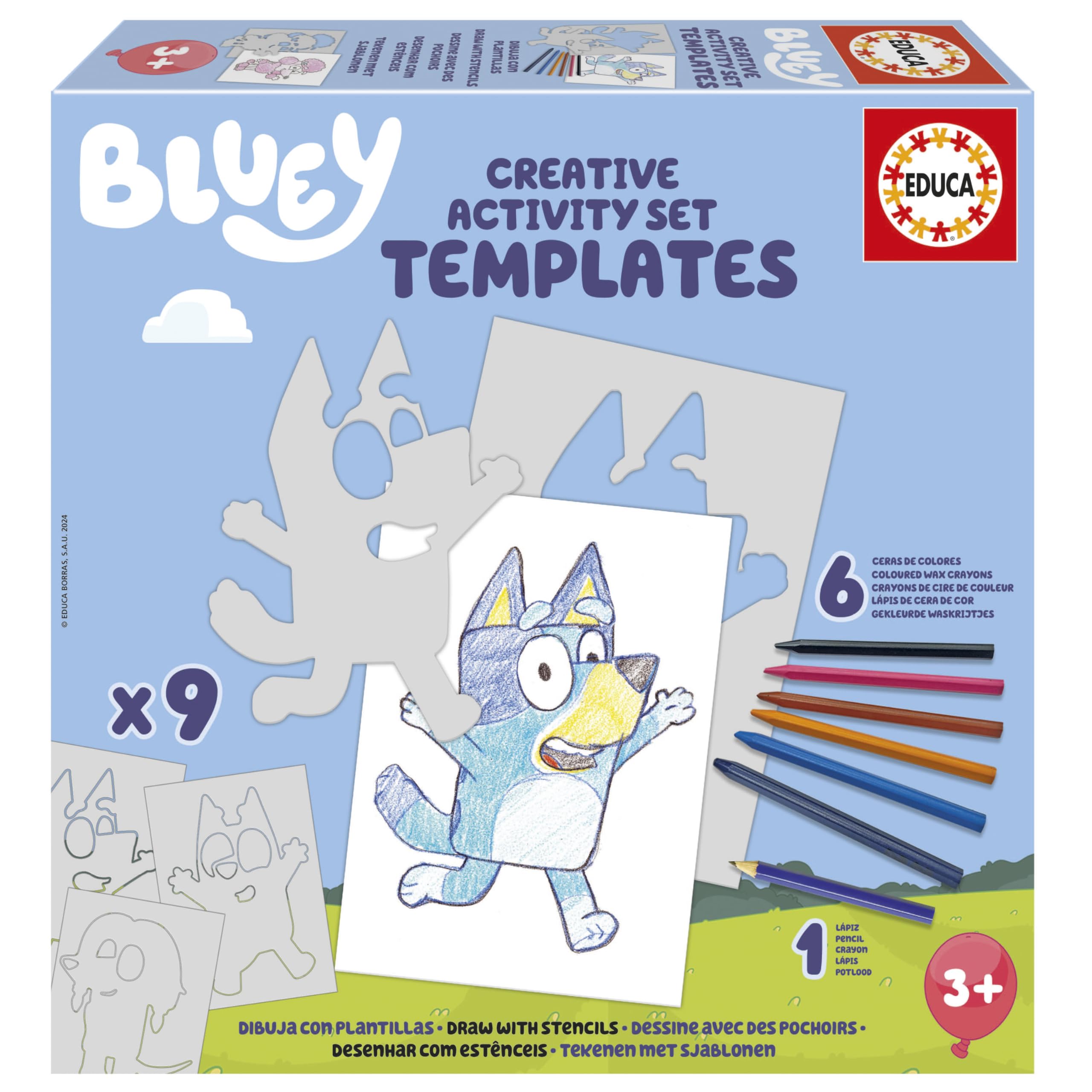 Educa - Set Creativo Bluey | Dibuja Personajes y Otros Elementos de la Serie Bluey Mediante Plantillas de cartón precortadas. Juego Creativo a Partir de 3 4 5 6 años (19886)