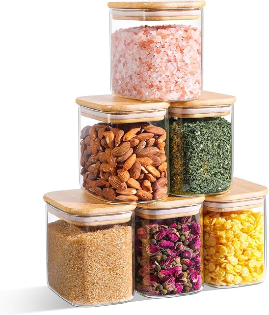 ComSaf 700ML Récipients de rangement en verre rectangle avec lids, Pots en verre avec lidas en bambou, Pot de rangement pour aliments clairs, Conteneurs de café à sucre, Petit contenant de garde-manger pour les noix de thé