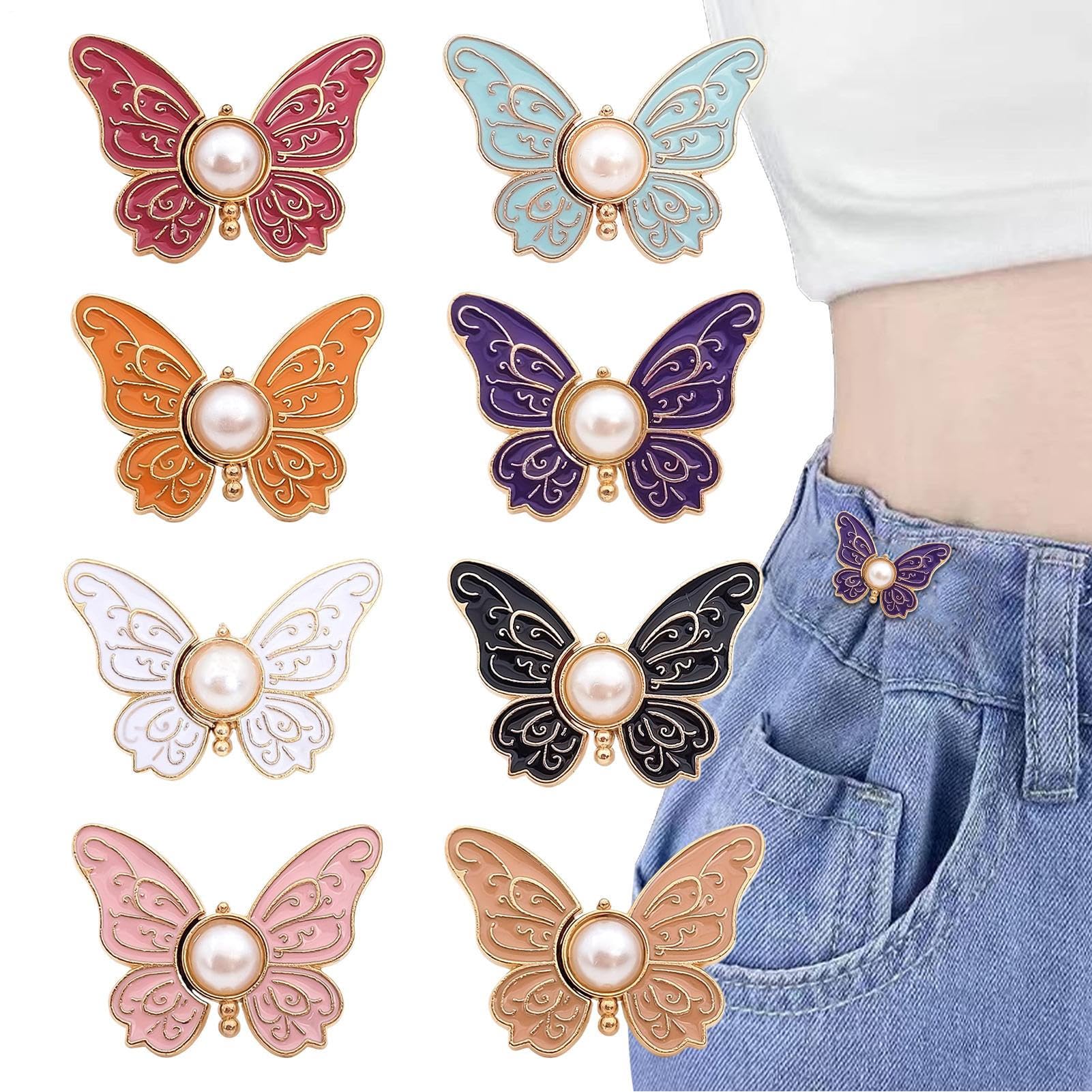 8 Pieces Butterfly Waist Buckle - Butterfly Shaped Jean Button Waist Tightener, Clothing No Sewing Clips Alloy Accessories for Dress Jackets Collars Coat Backpacks Blouse