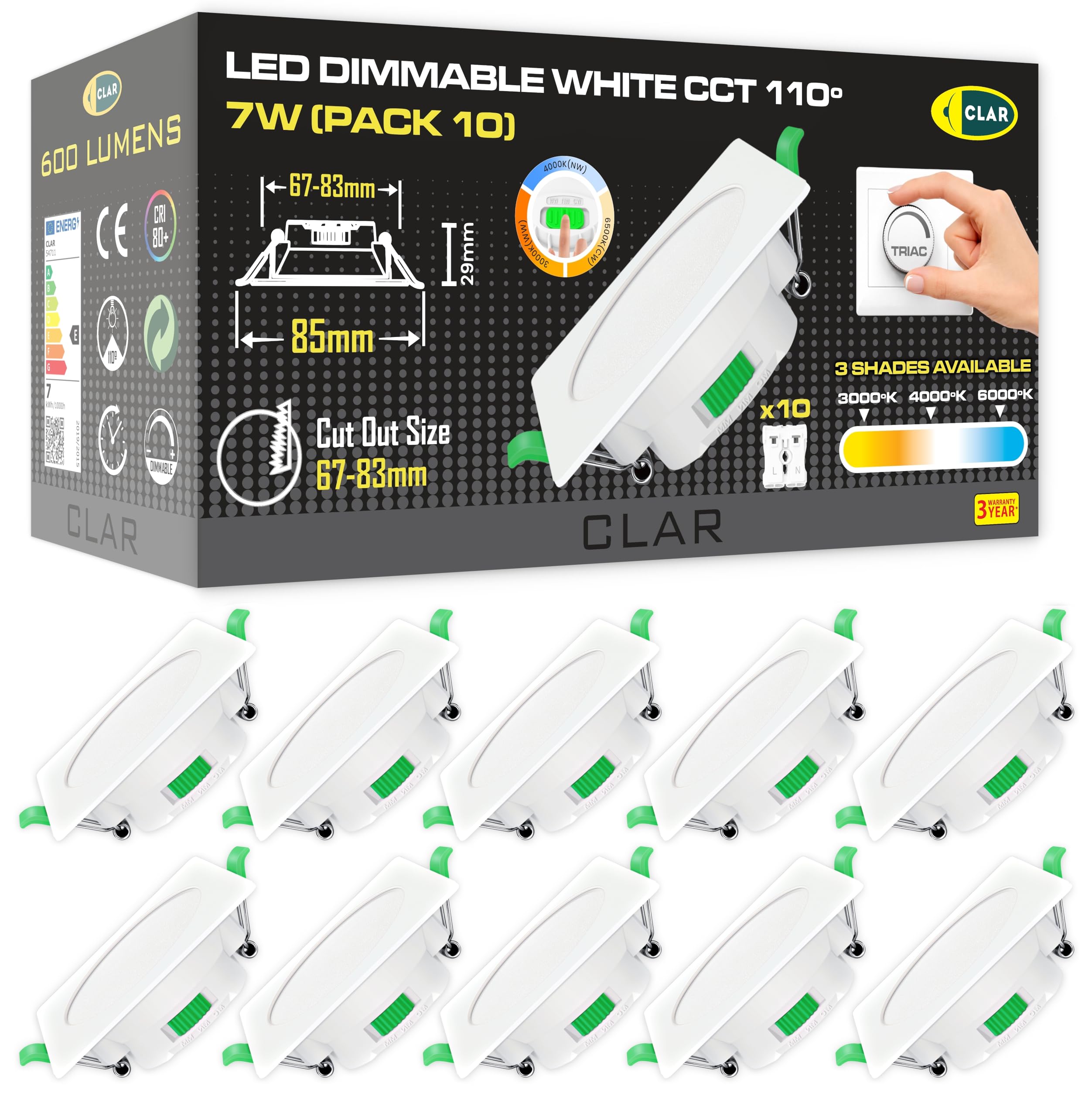 CLAR - Recessed LED oświetlenie sufitowe, oświetlenie sufitowe LED, oświetlenie sufitowe, przyciemniane 7W Downlight, 3 kolory, białe (opakowanie 10)