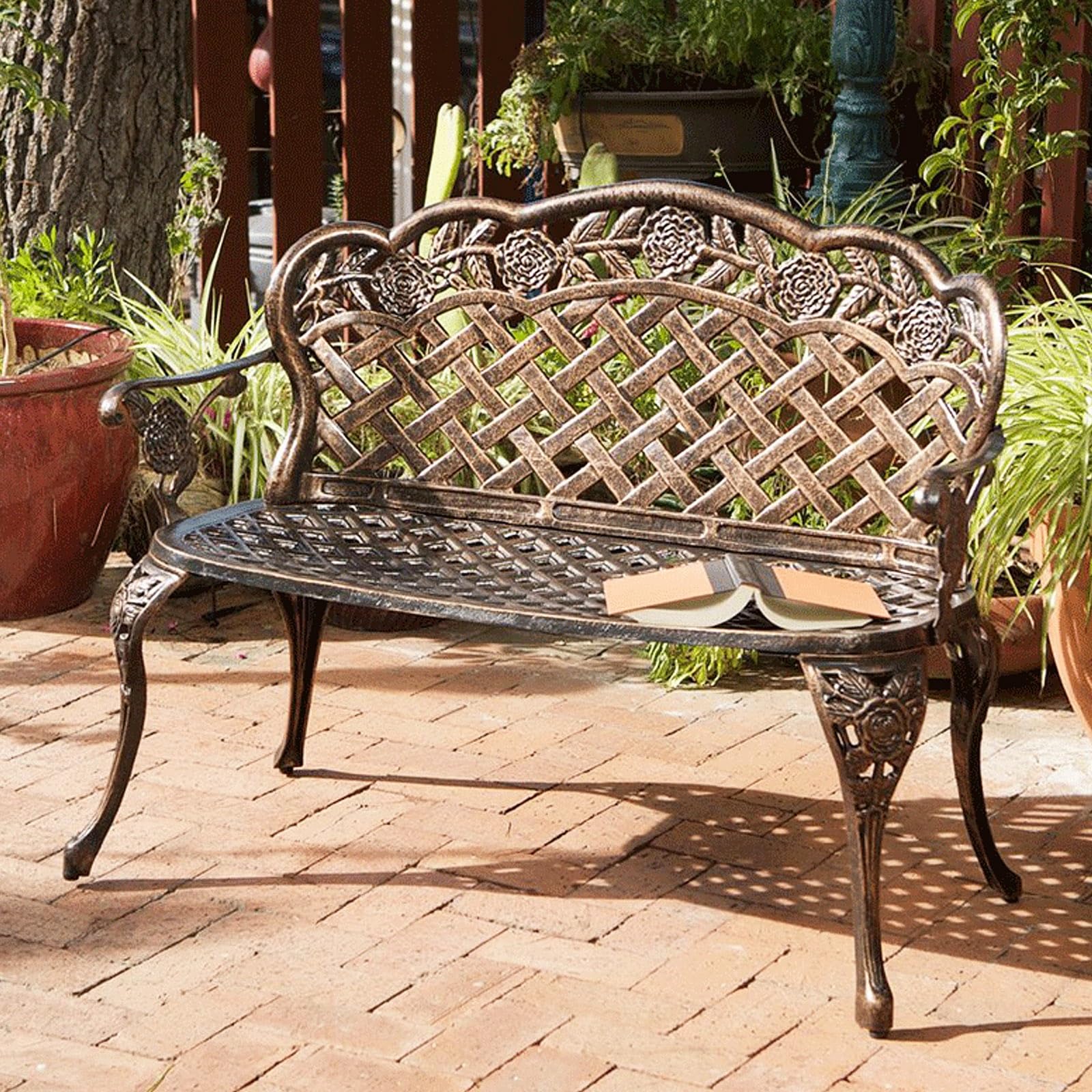 YLLSMGS Outdoor Bench Antique Garden Bench Cast Aluminum Metal Weatherproo with Backrest and Armrests for Lawn Porch Patio(Brown)