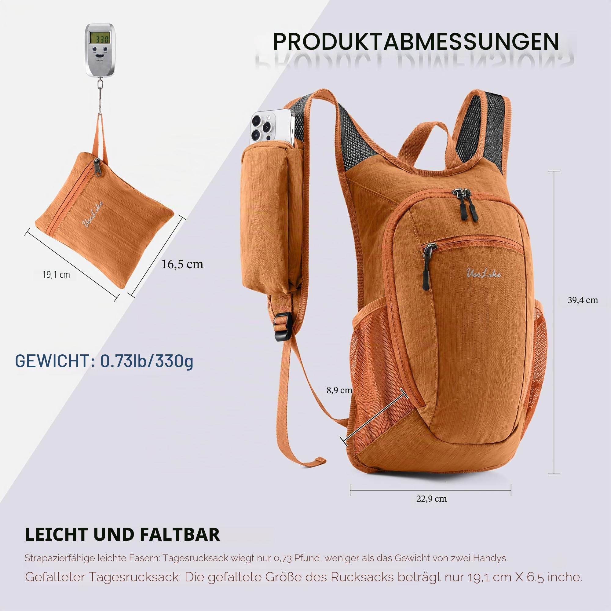 Uselike Kleiner Wanderrucksack, Reise-Tagesrucksack, leicht, verstaubar, Rucksack für Damen und Herren, 10 l