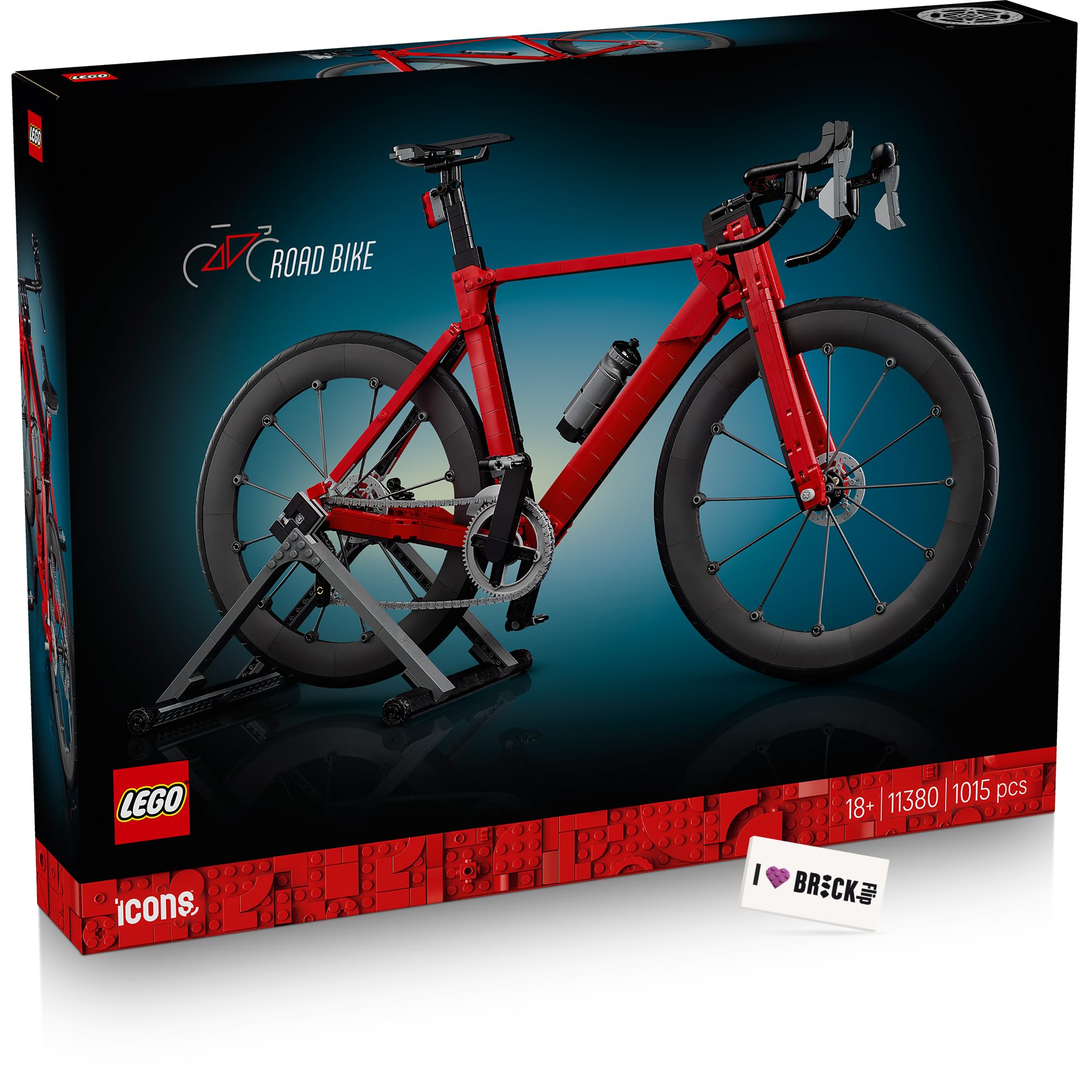 BRICK Flip LEGO Rennrad - LEGO 11380 Fahrrad inkl. bedruckter Fliese, Icons Legorad mit Gummireifen, Schaltwerk und Hinterradständer als Schreibtisch