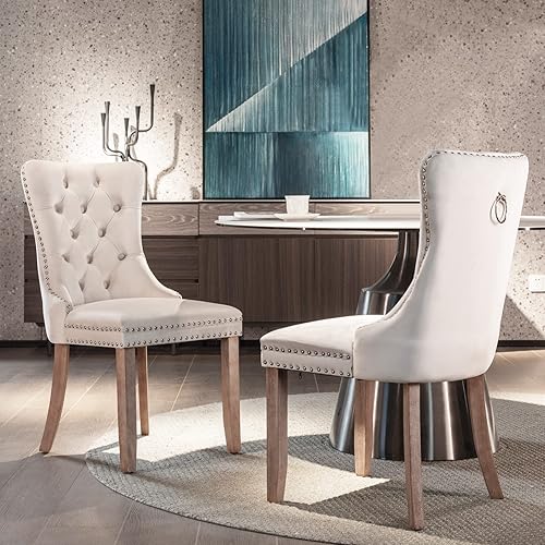 Miniatura 117 de Aoowow Juego de 2 sillas de comedor tapizadas de terciopelo, sillas laterales sin brazos con respaldo de ala, botones y patas de madera maciza para