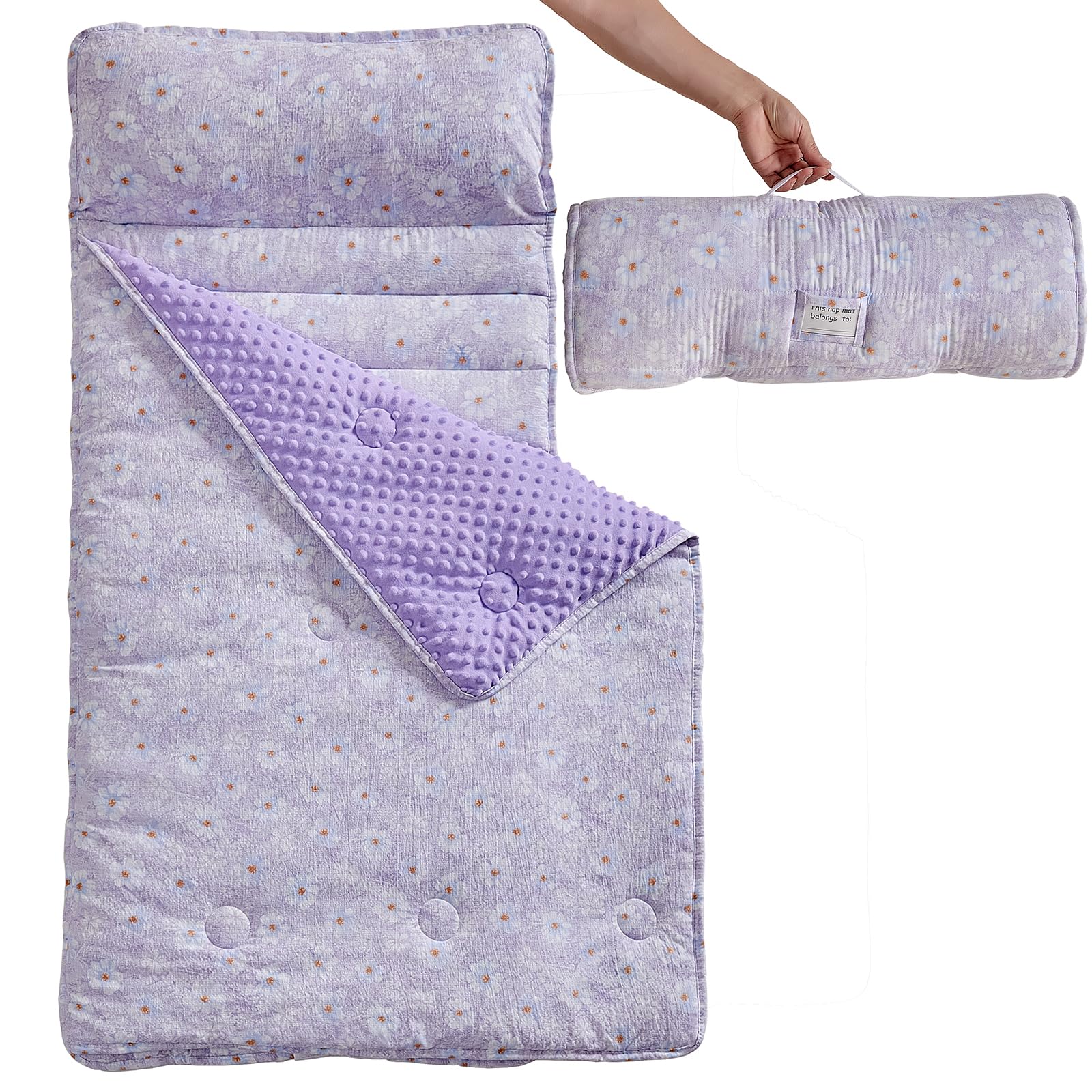 View 1 of ?JHCHMX Toddler Nap Mat with Removable Pillow and Minky Blanket,Extra Large Rolled Slumber Bag for Girls,Toddler Sleeping Bag for Daycare Preschool Kindergarten Travel Camping-Purple Floral
