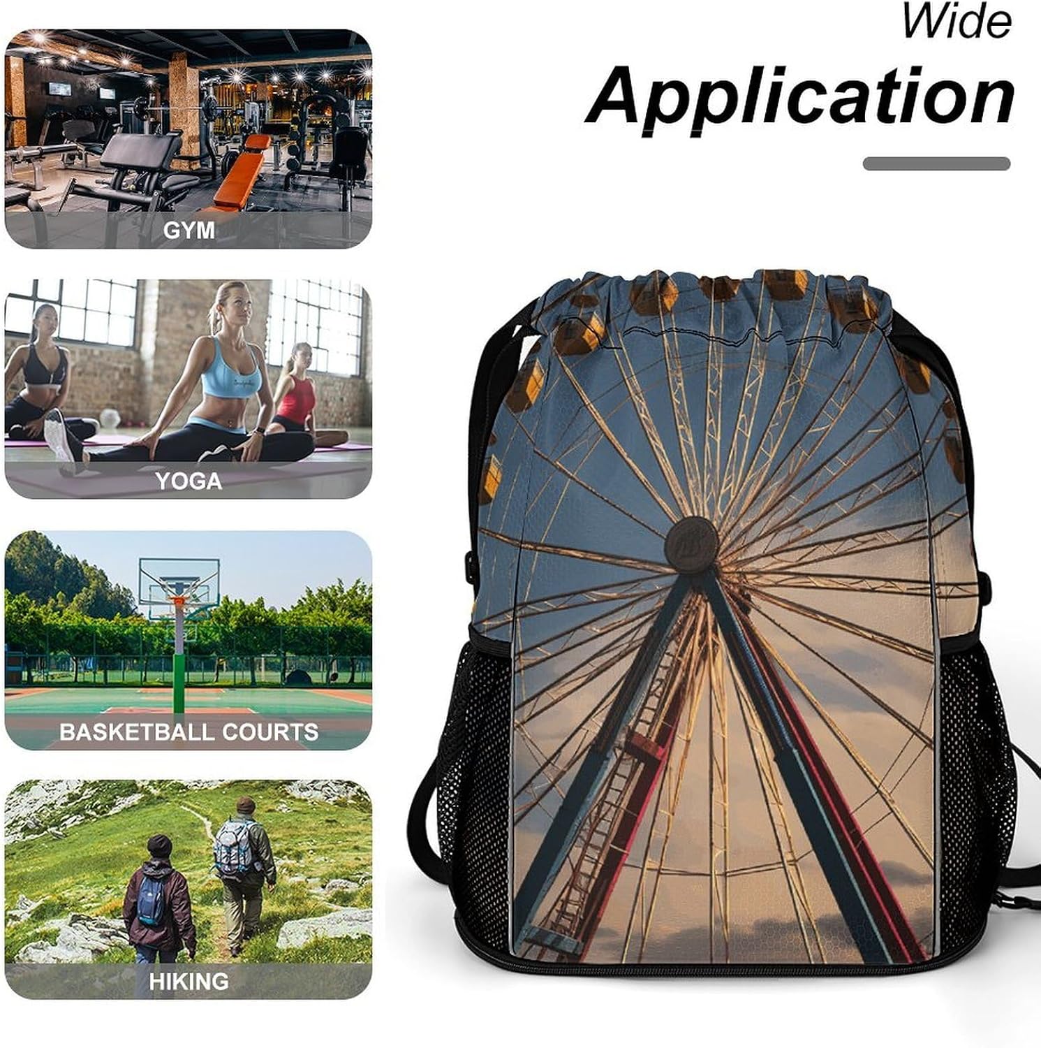 Ferris Wheel Drawstring Backpack with Wet Pocket - Large Capacity Gym Bag with Shoe Compartment & Mesh Pockets, Adjustable Lightweight Gym Backpack for Swimming, Travel, Workout